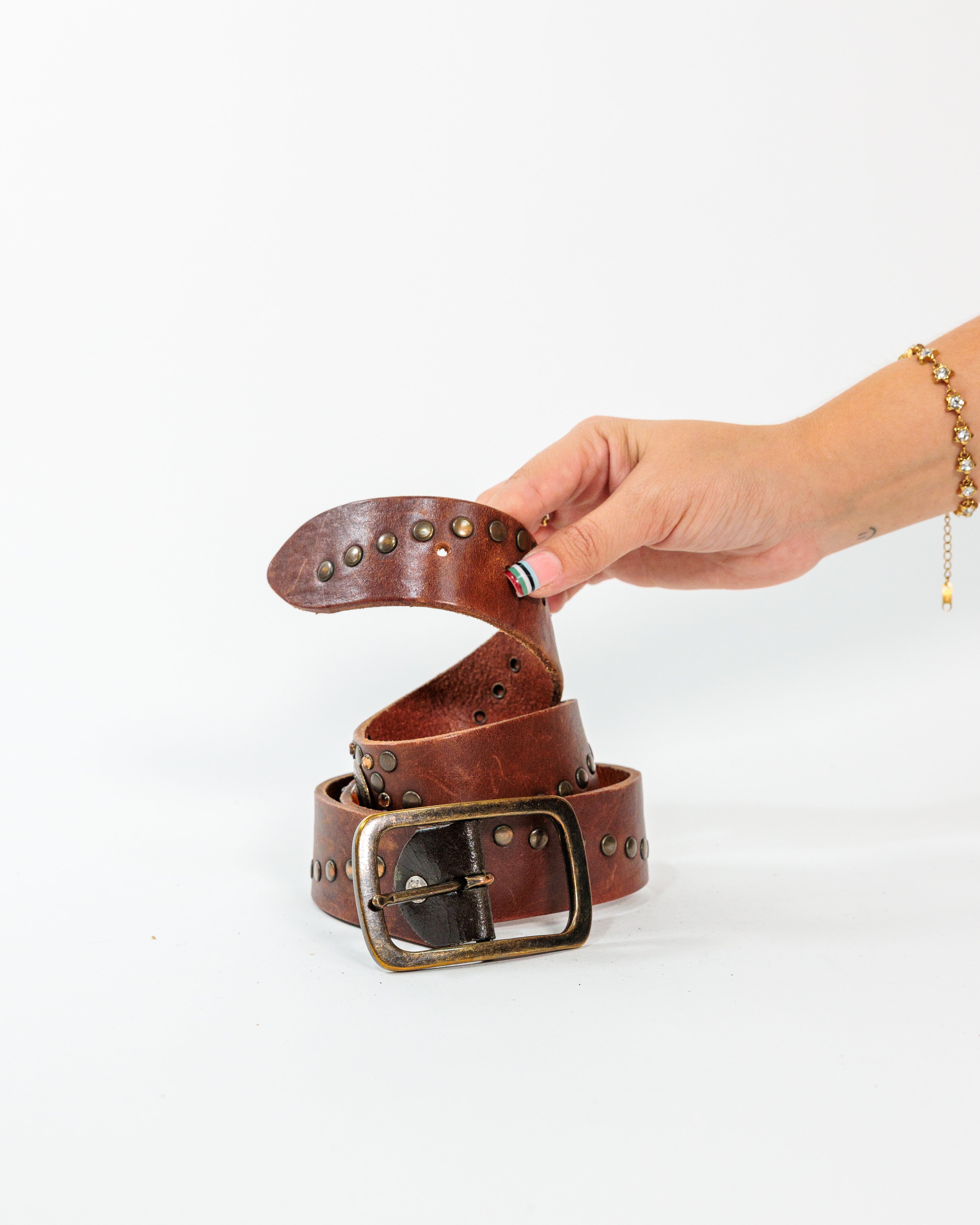 Brown Studded Wide Leather Belt