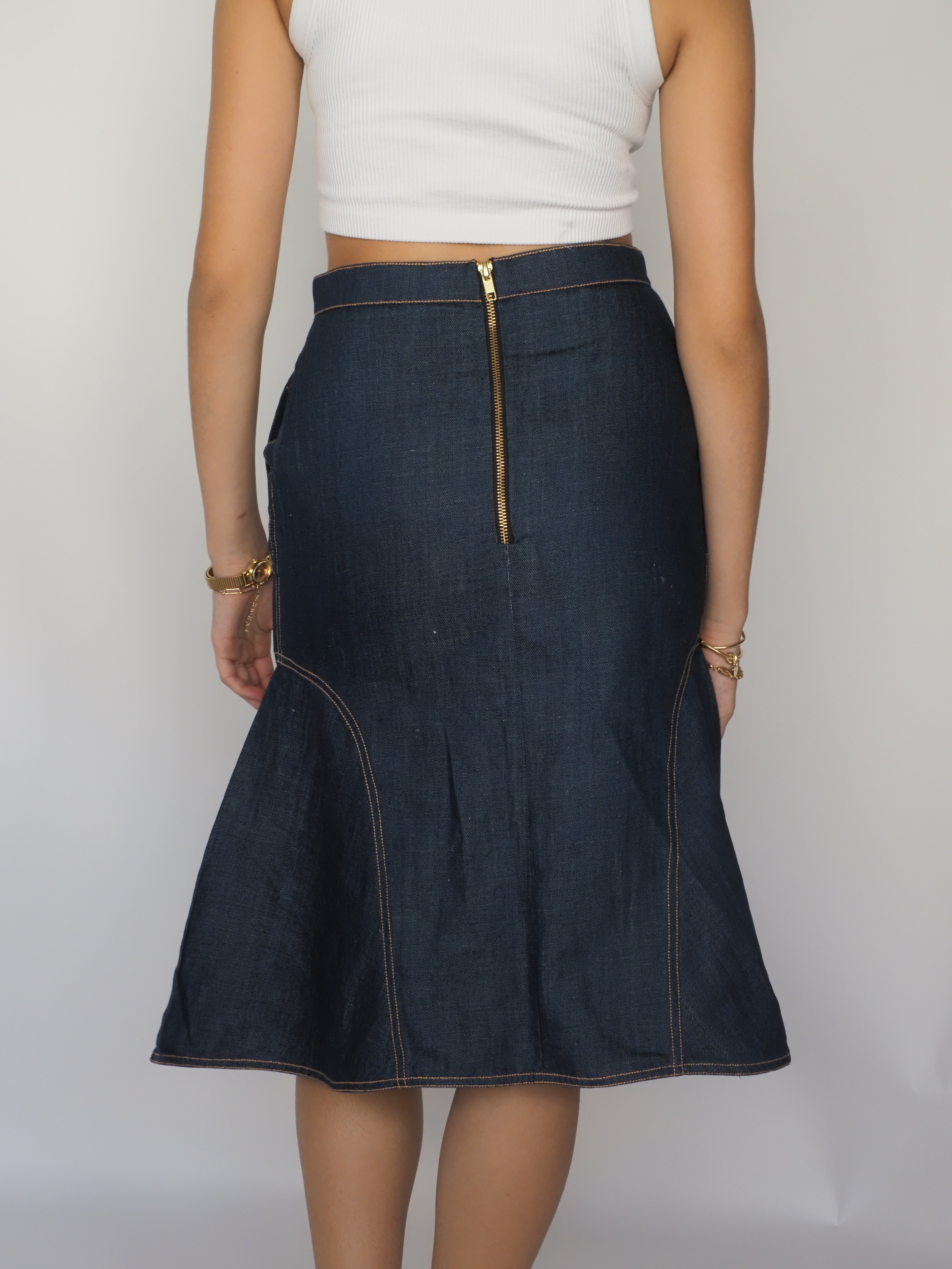 Title: Embroidered Denim Flare Midi Skirt – ATSU