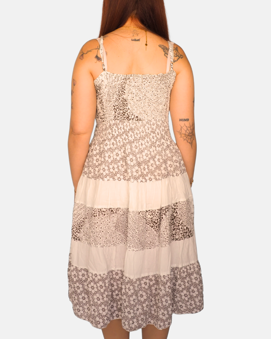 Floral Patchwork Midi Dress in Cream & Brown