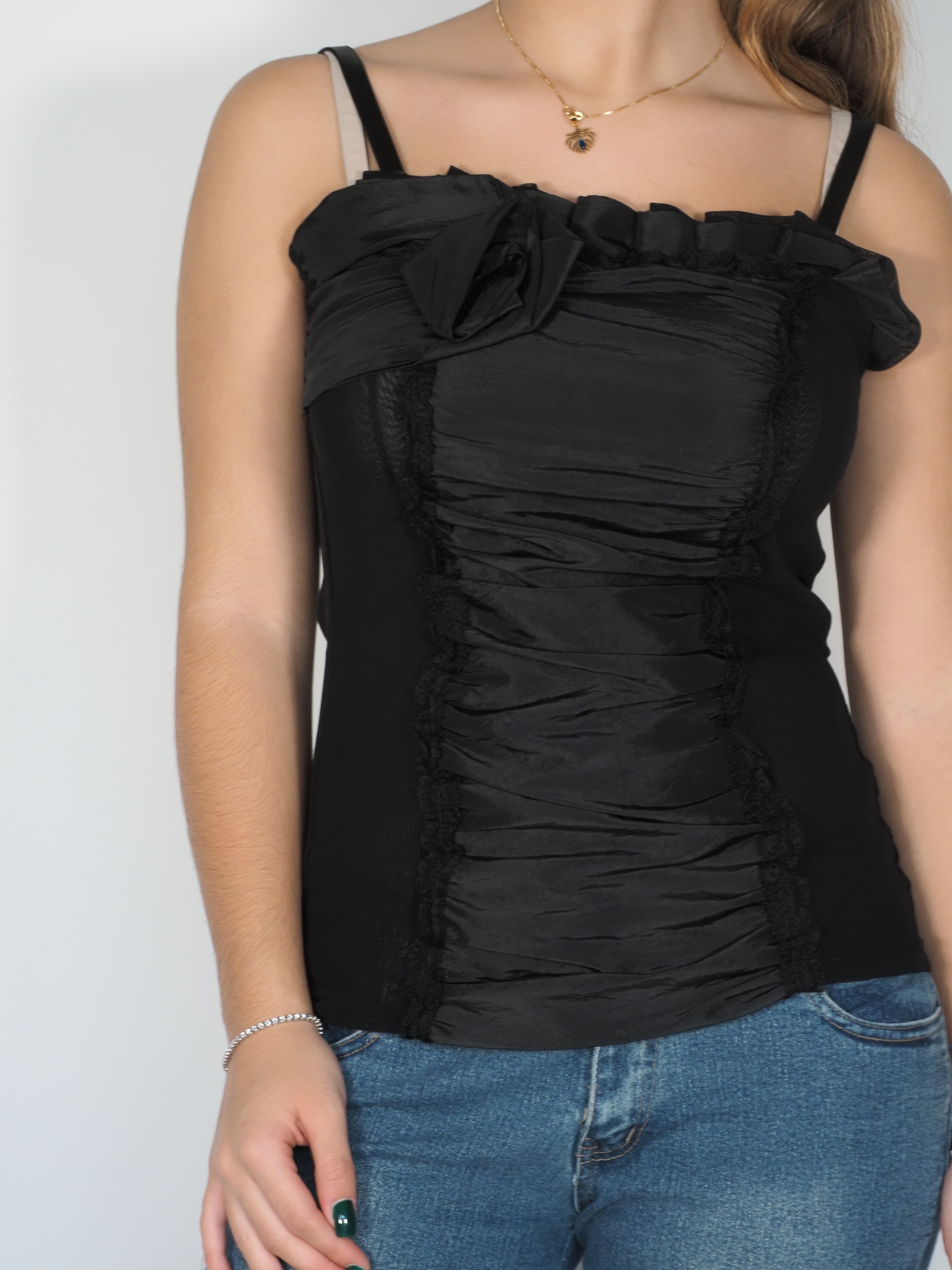 Black Satin Babydoll Tie-Front Top