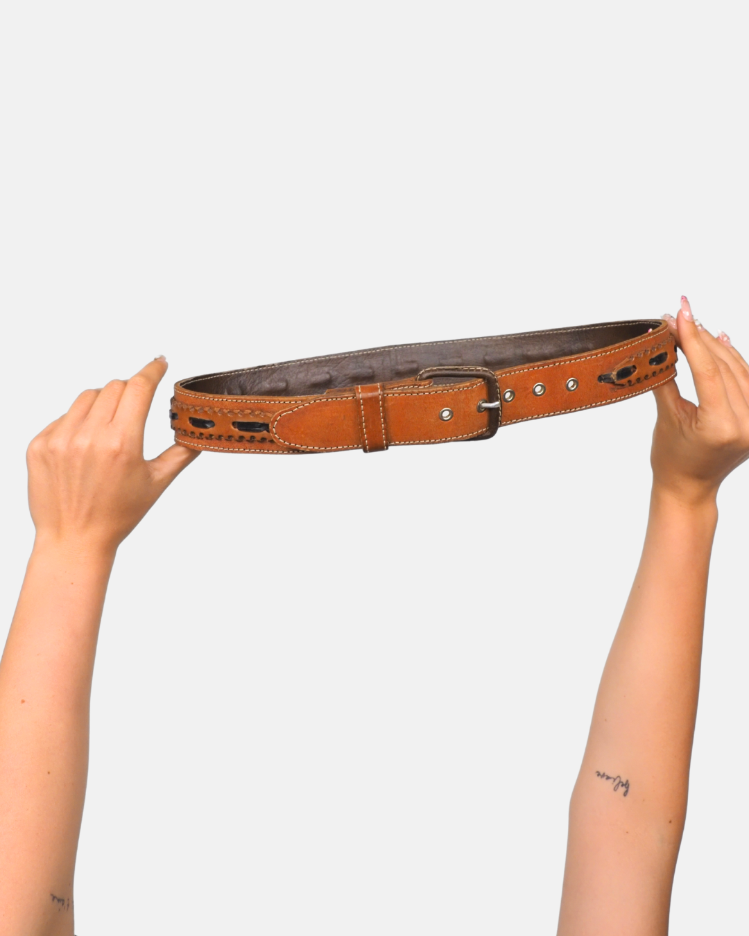 Vintage Leather Belt with Whipstitch Detail and Silver Eyelet Hardware