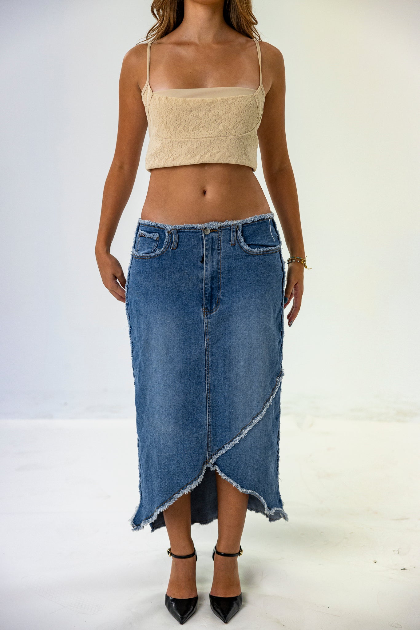 Low-Waist Asymmetric Undone Detail Denim Maxi-Skirt