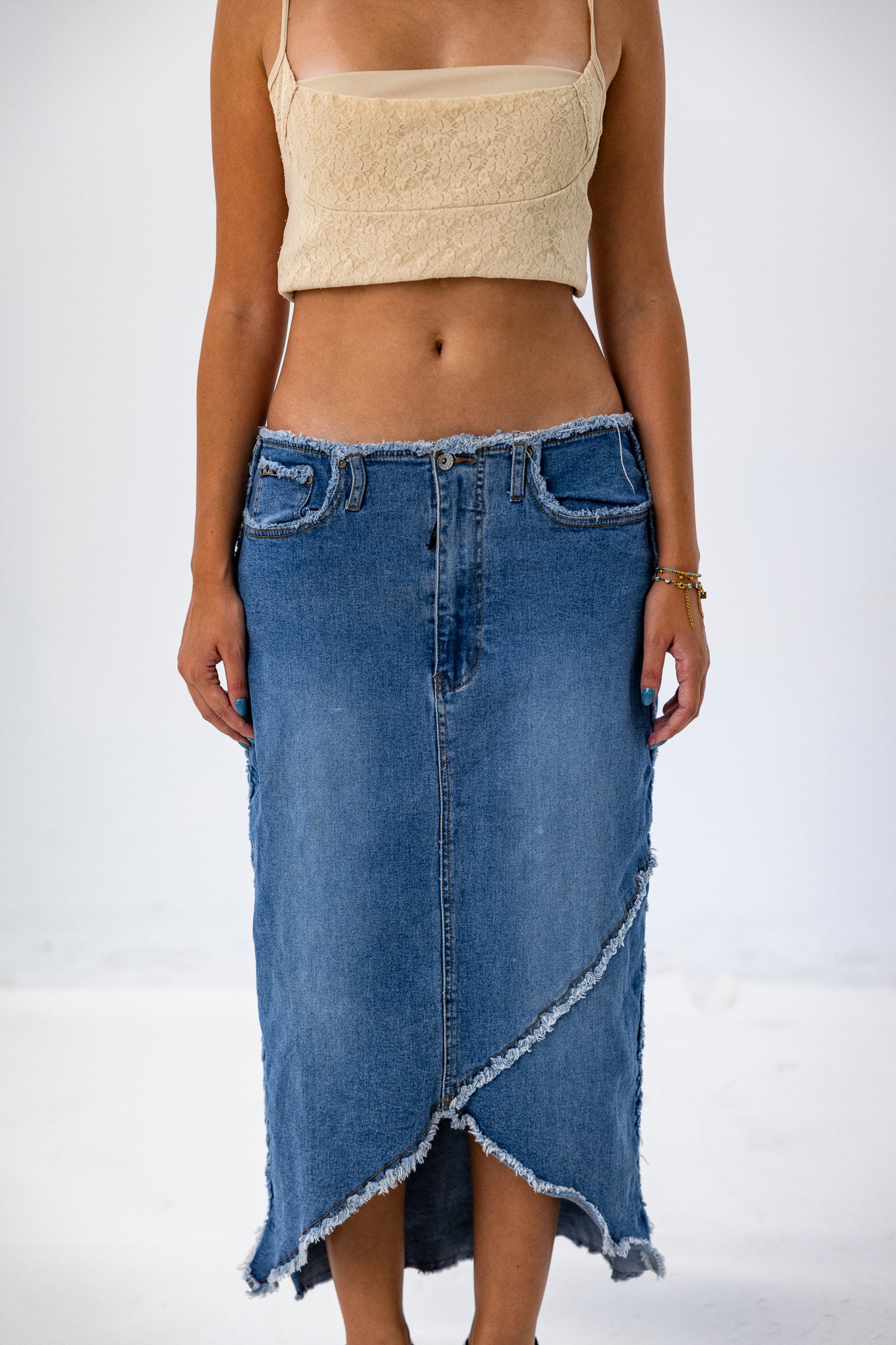 Low-Waist Asymmetric Undone Detail Denim Maxi-Skirt