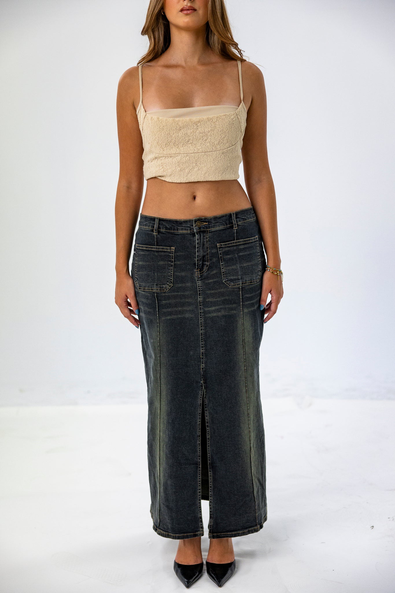 Double Pocket Vintage Wash Denim Maxi-Skirt