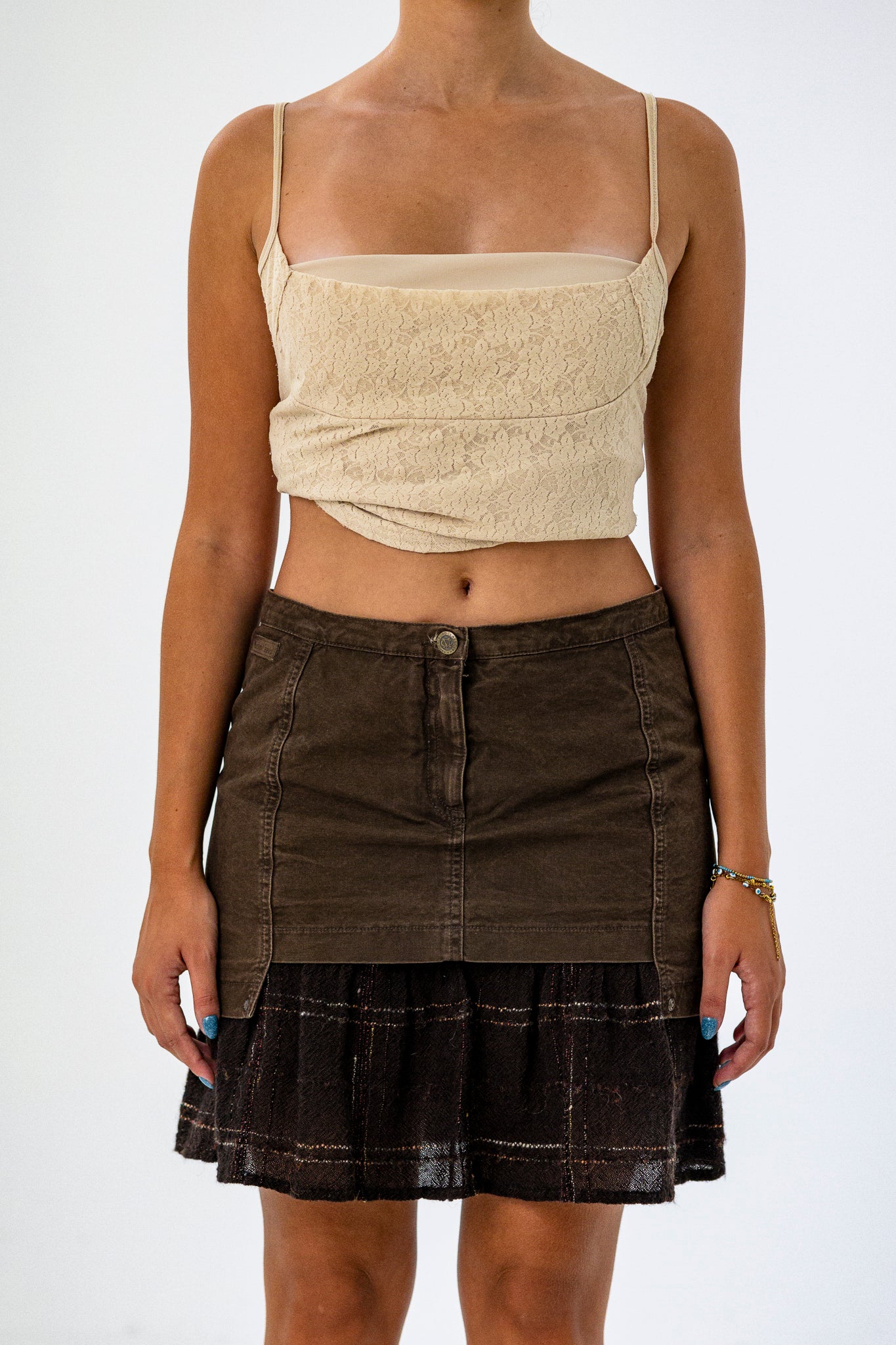 Double-Fabric Pleated Skirt in Brown