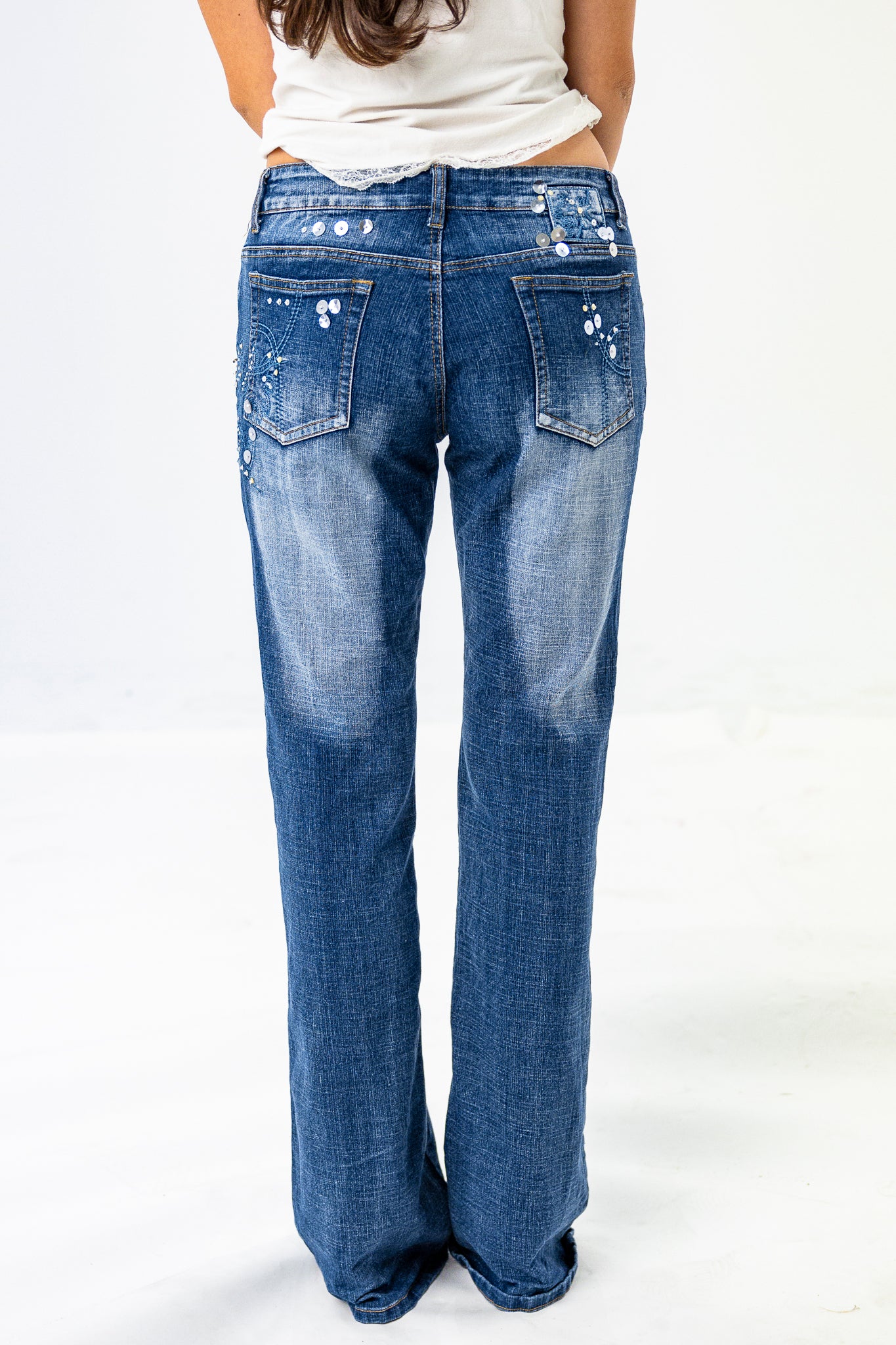 Low-Rise light Wash Jeans with Sequence and Daimante design