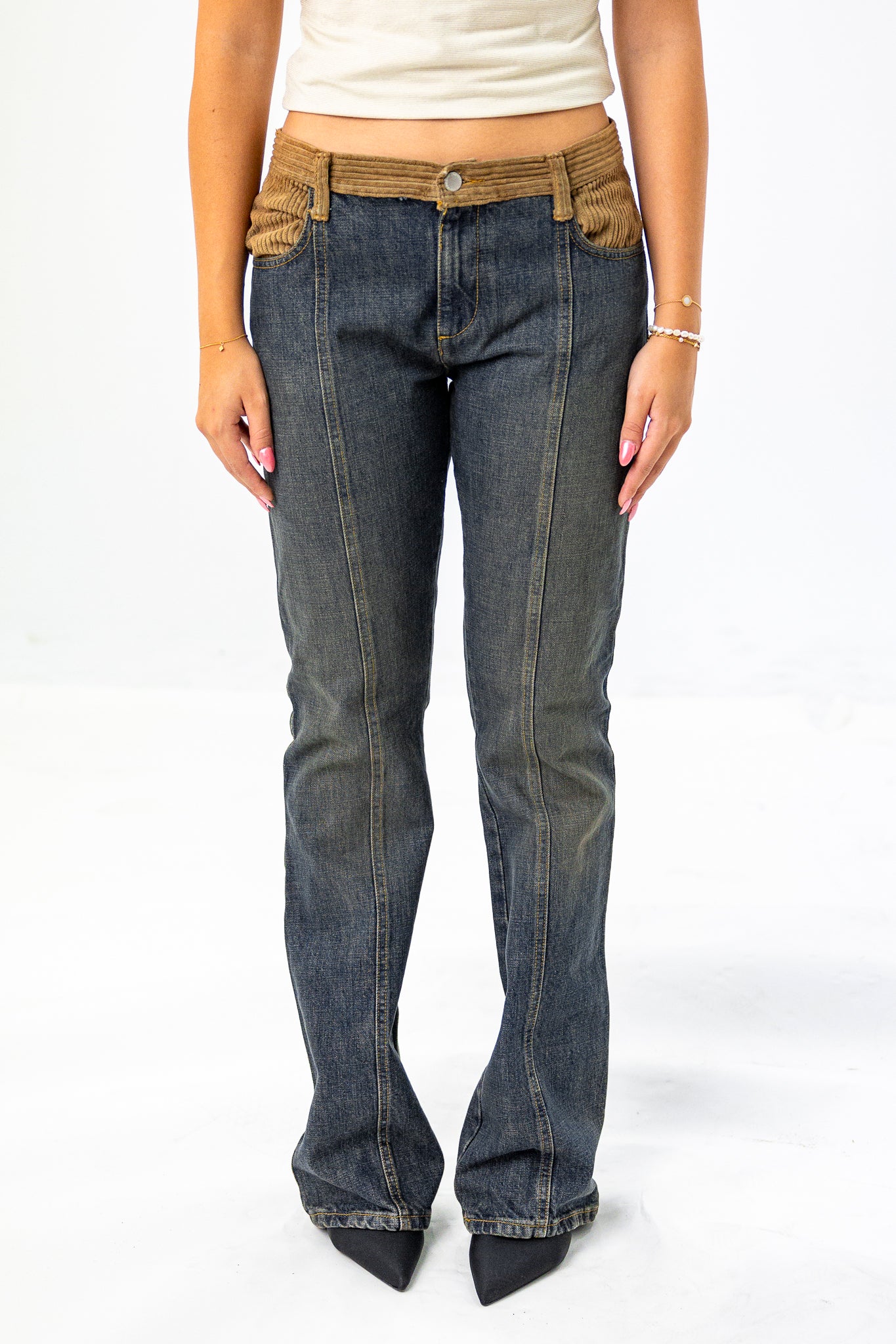 Dark Wash Jeans with Corduroy Brown Details