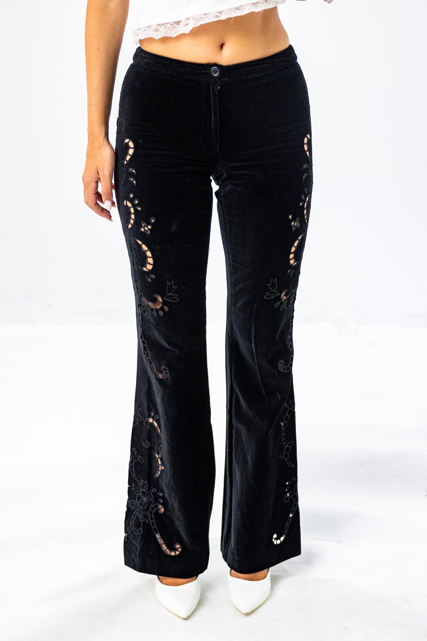 Velvet Flared trousers with Side Cut Outs in Black