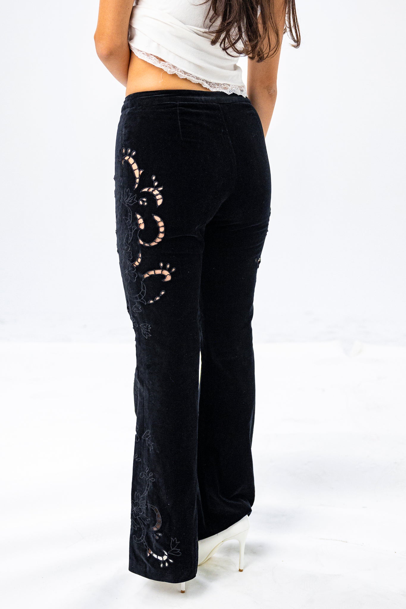 Velvet Flared trousers with Side Cut Outs in Black