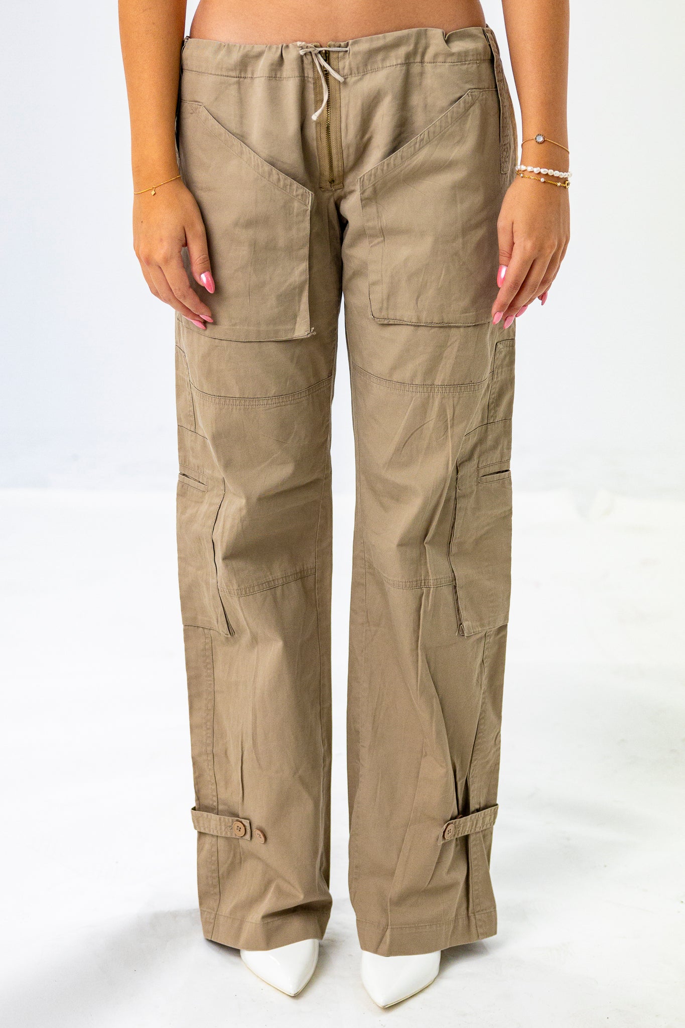 Low-Rise Beige Cargos with Lace-up Details at the Front