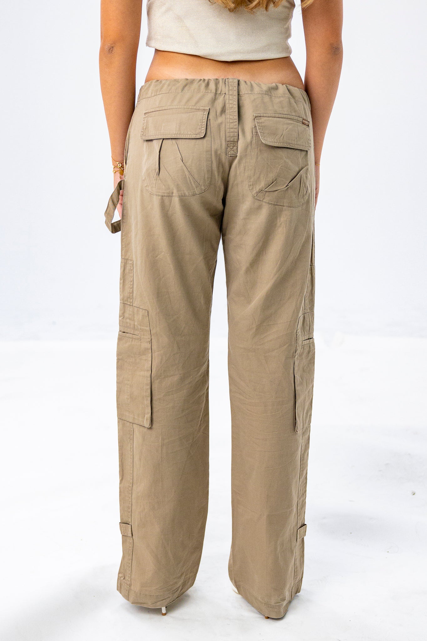 Low-Rise Beige Cargos with Lace-up Details at the Front