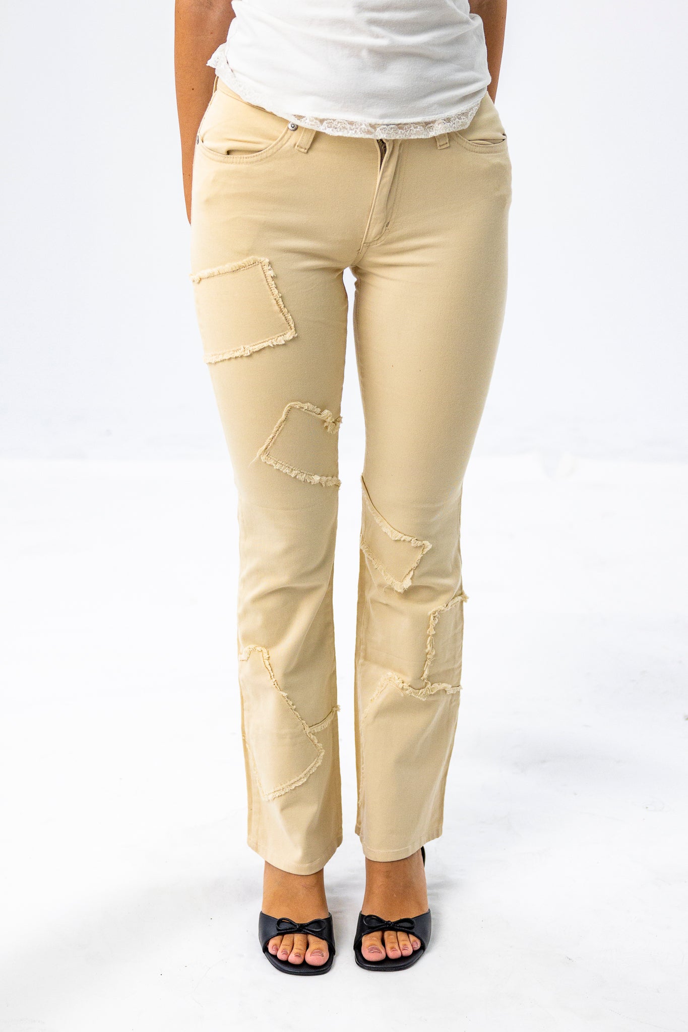 Light yellow Straight Line Jeans with Patchwork Design