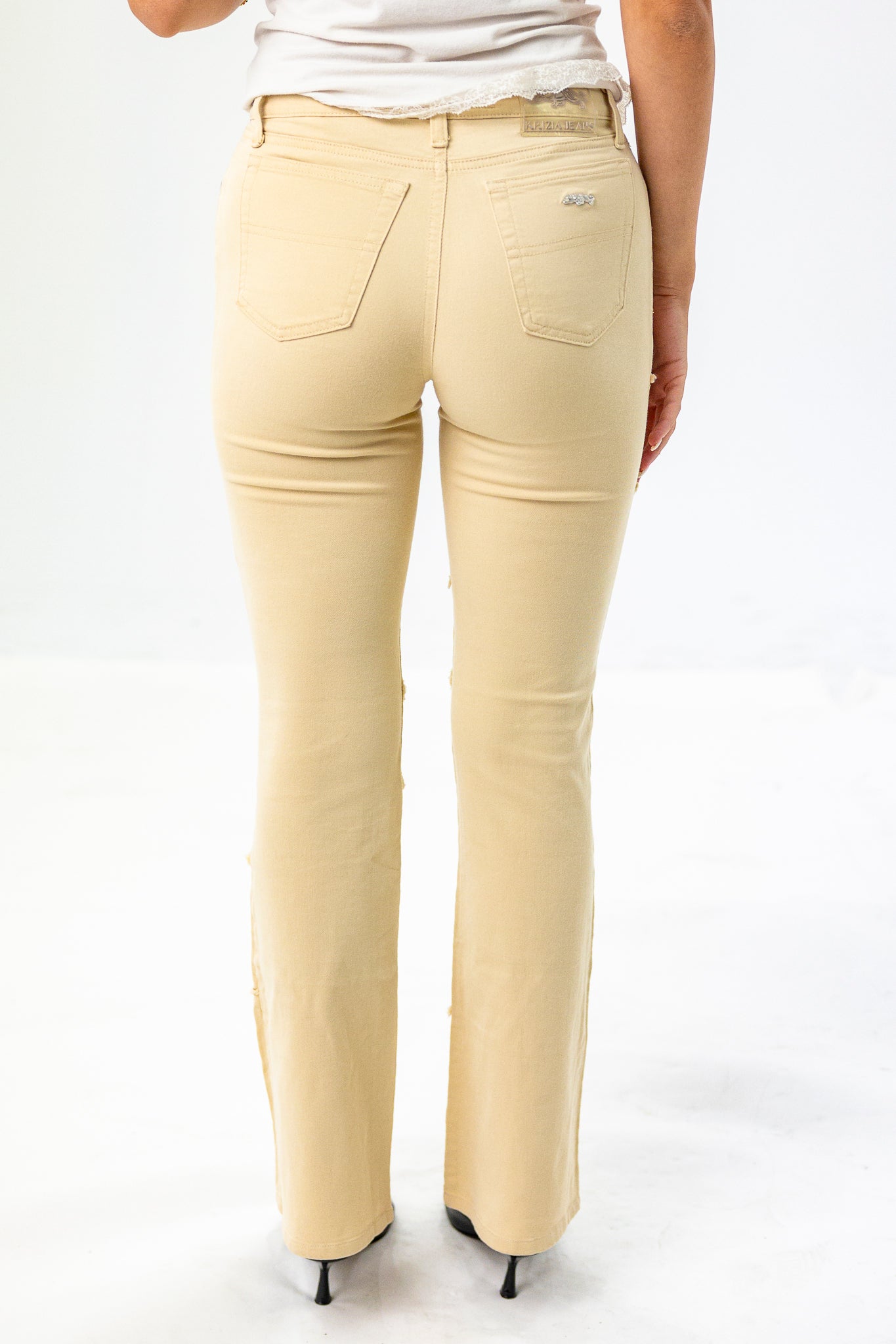 Light yellow Straight Line Jeans with Patchwork Design