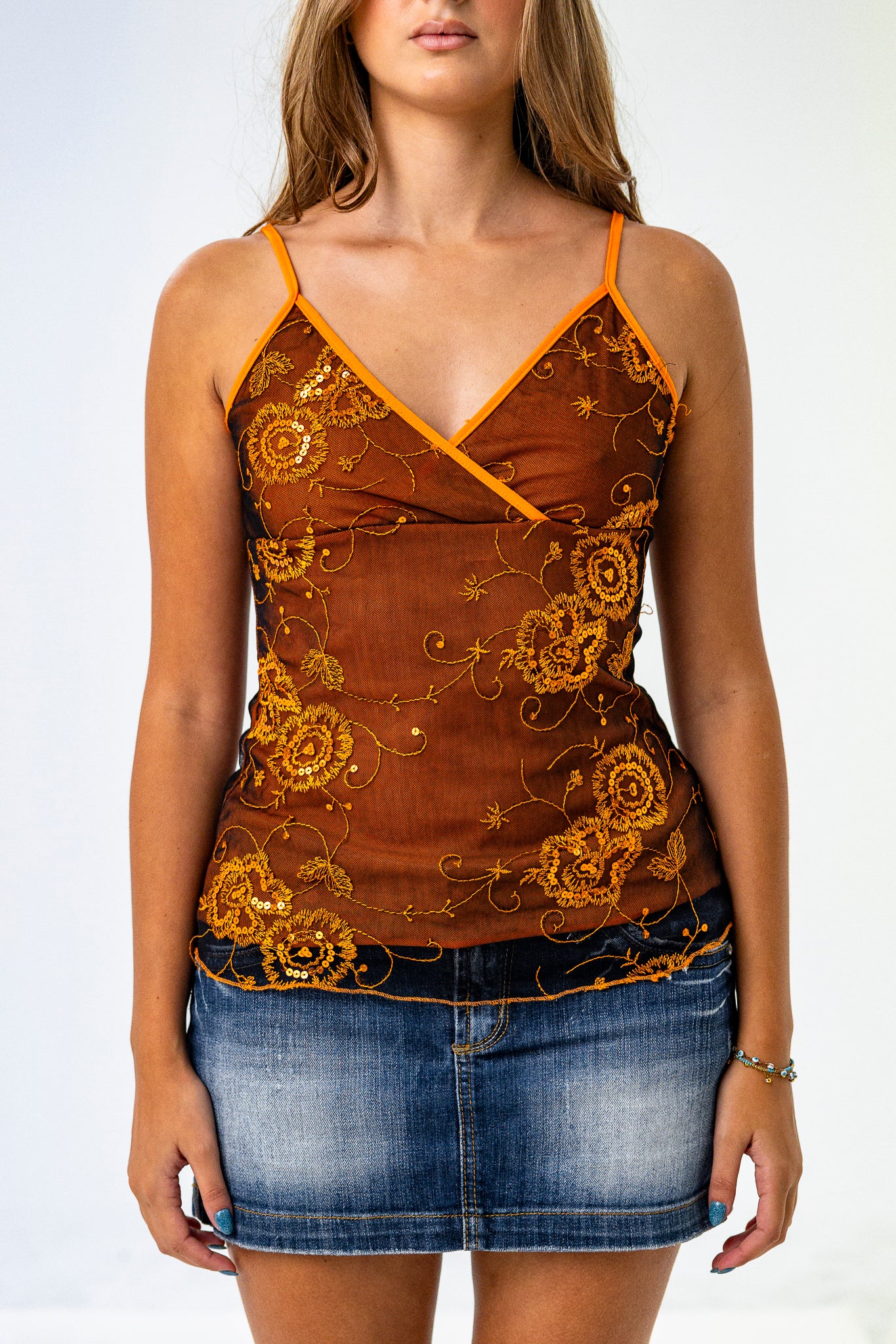 Autumnal Strappy Top in Brown with Orange Details