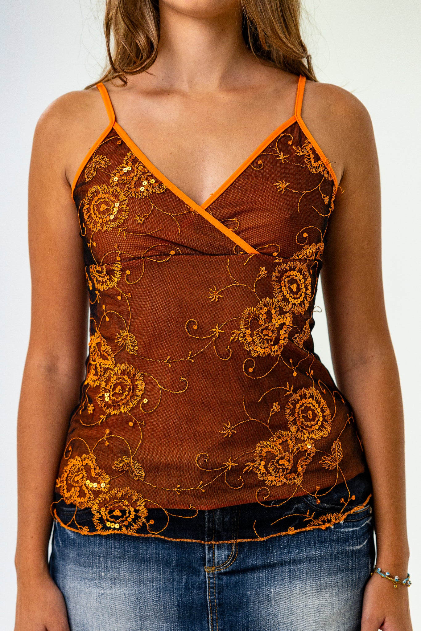 Autumnal Strappy Top in Brown with Orange Details