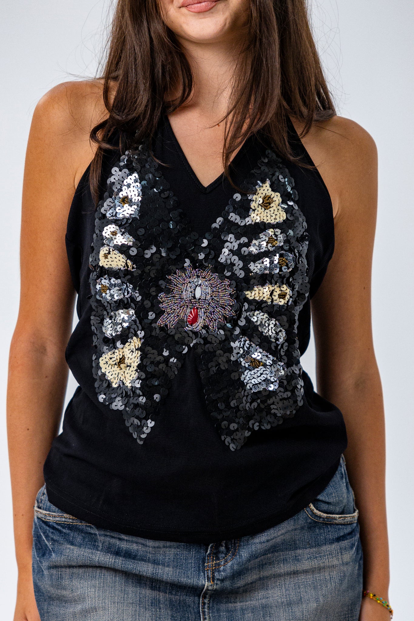 Halter-Neck Black Top with Butterfly-inspired  Beading