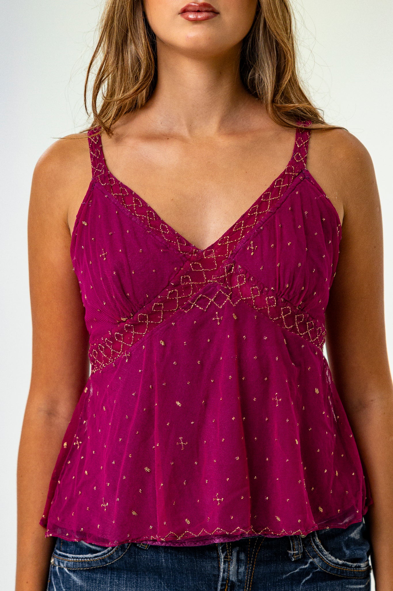 Pink Strappy Top with Gold Stitching