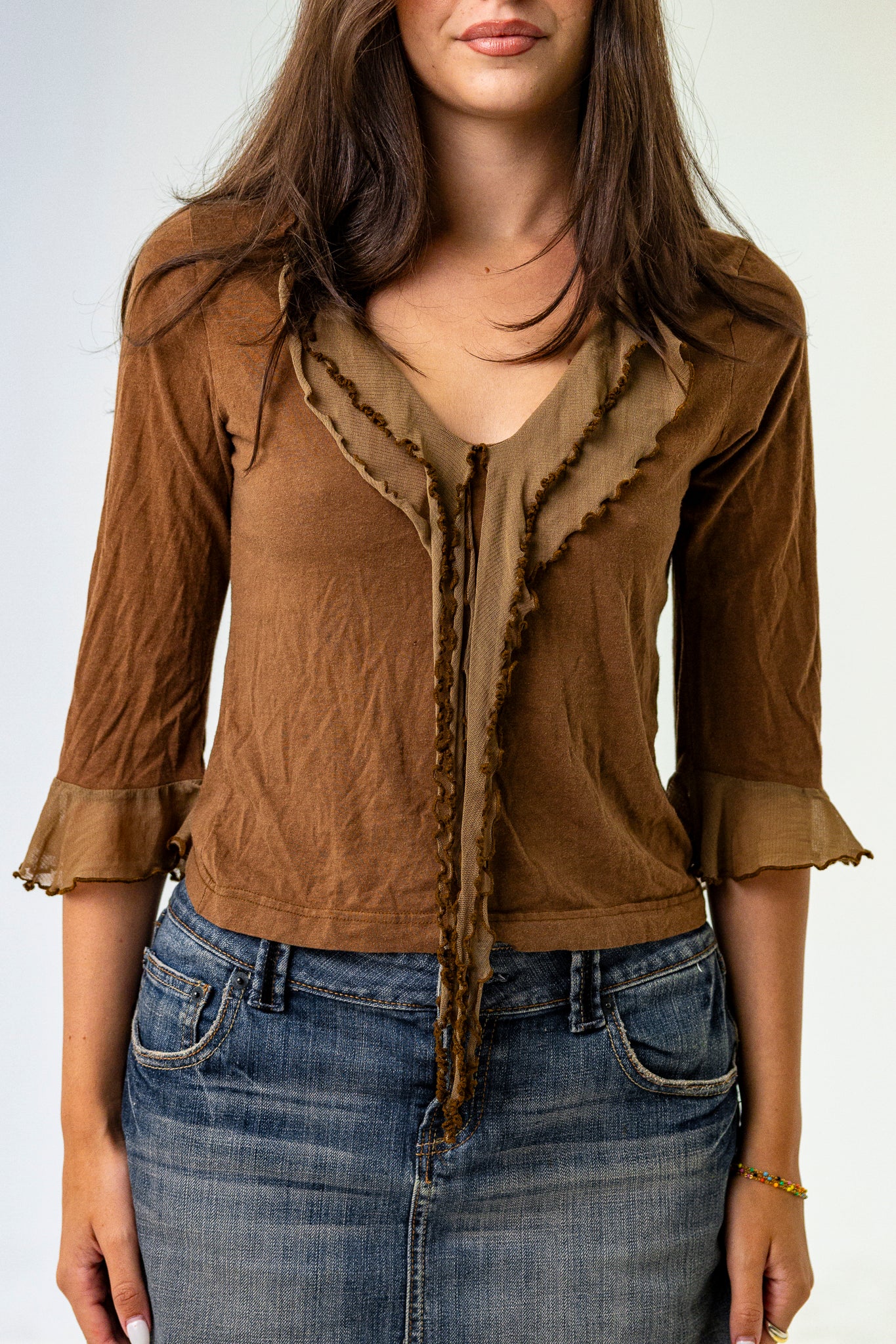 Brown Top with V-neck and Quarter-Length Sleeve