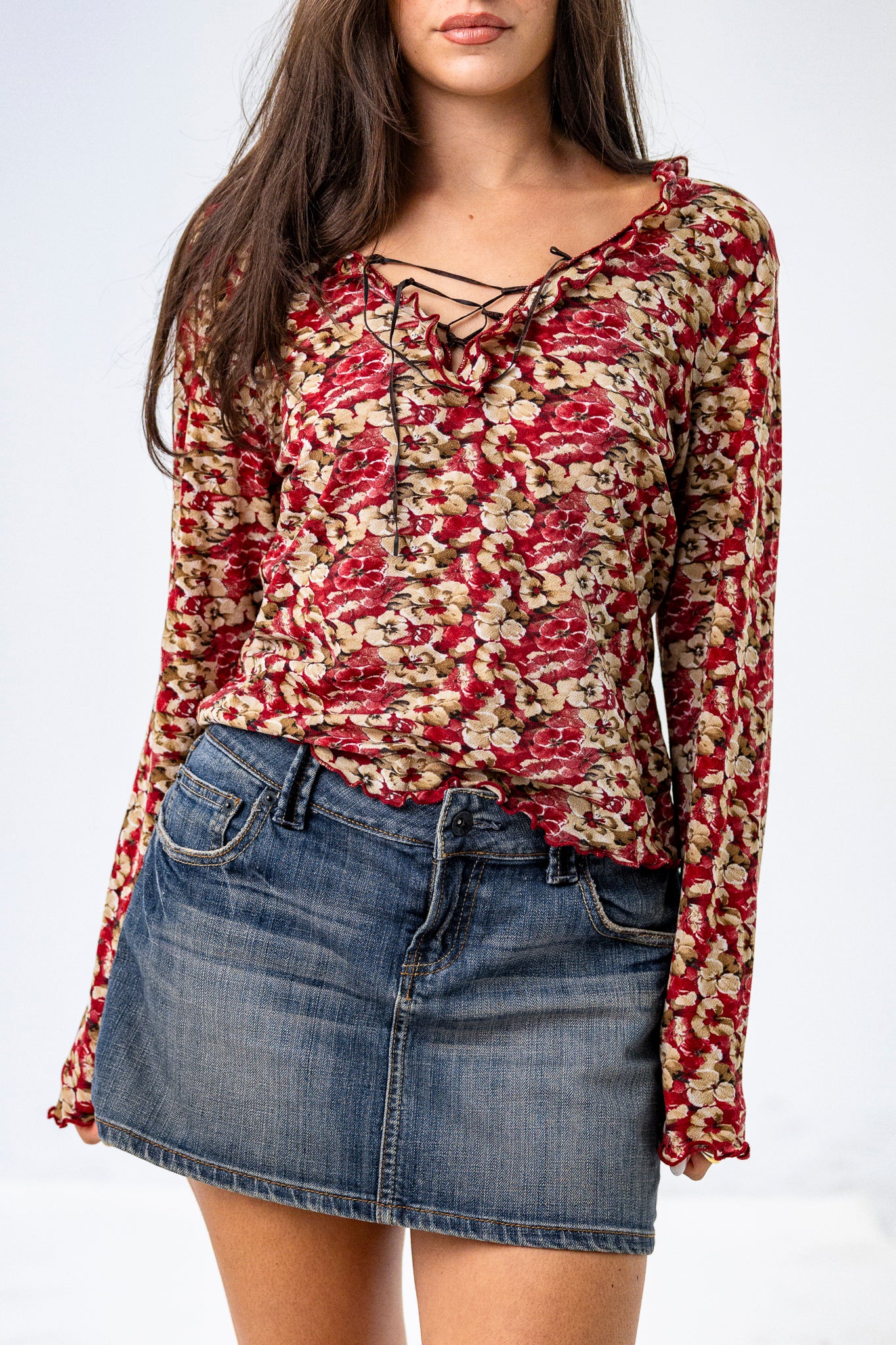 Long Sleeve Patterned Floral Top with Lace-up Details