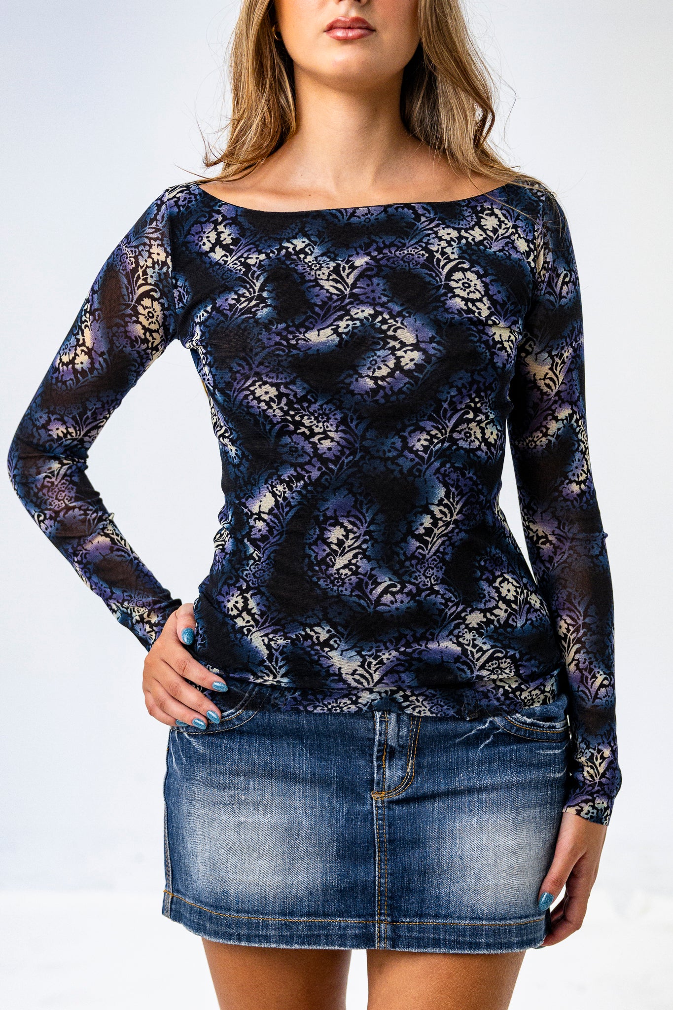 Off the ShoulderLong Sleeve Purple Patterned Top