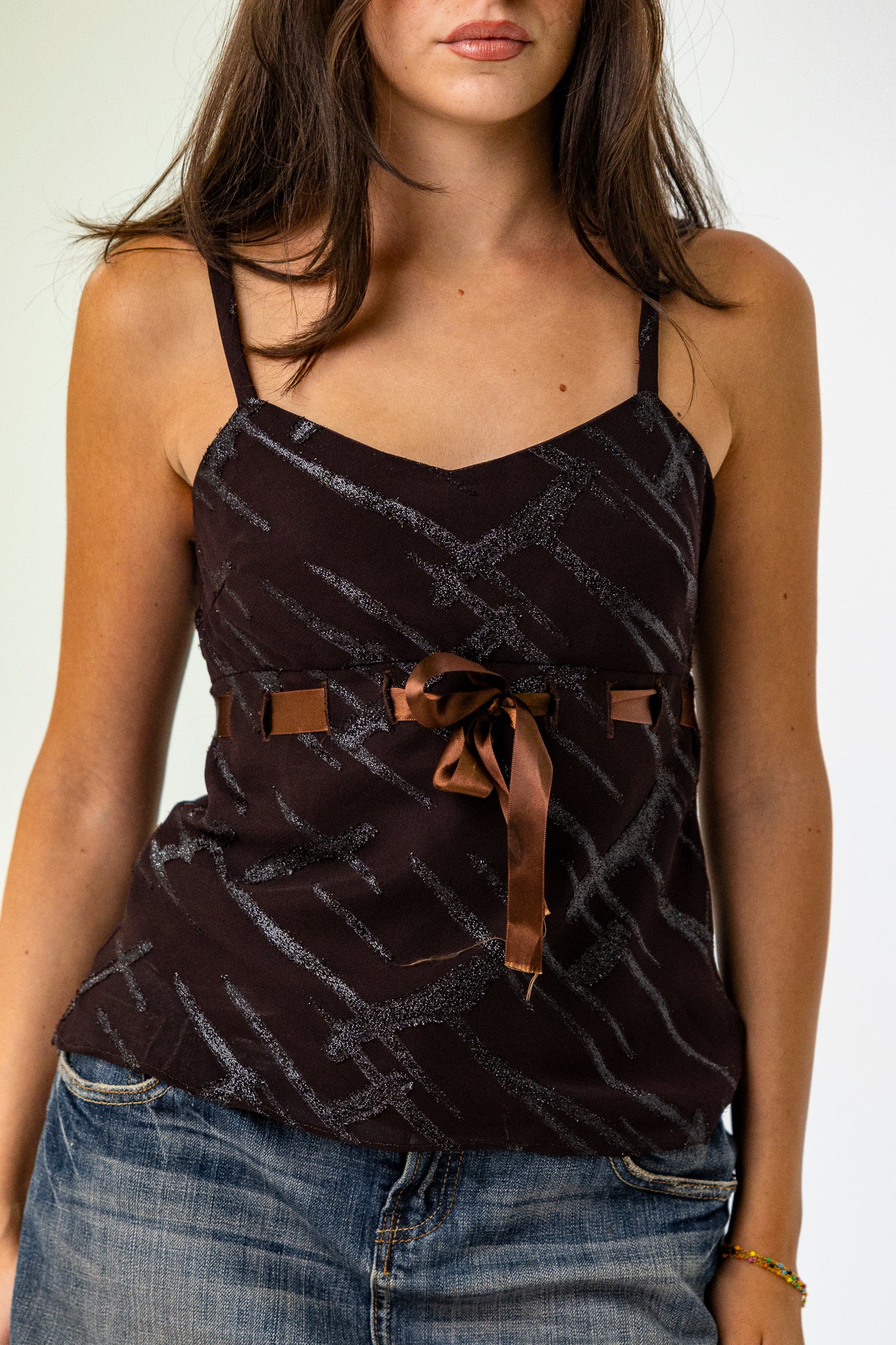 Strappy Brown Top with Lined Pattern and Bow Belt