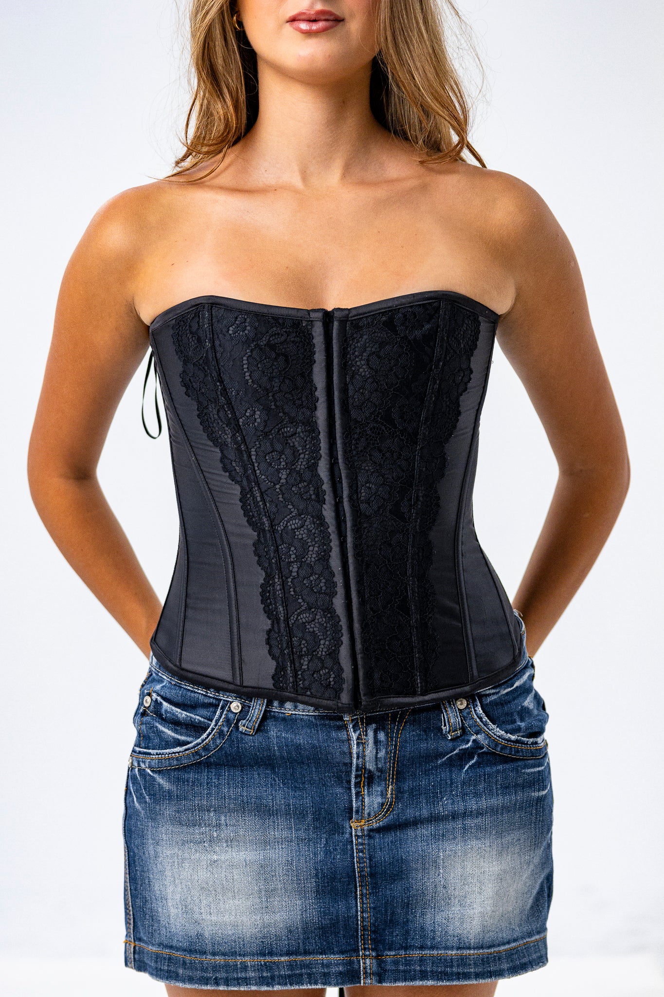 Strapless Figure Hugging Black Corset with Lace Details