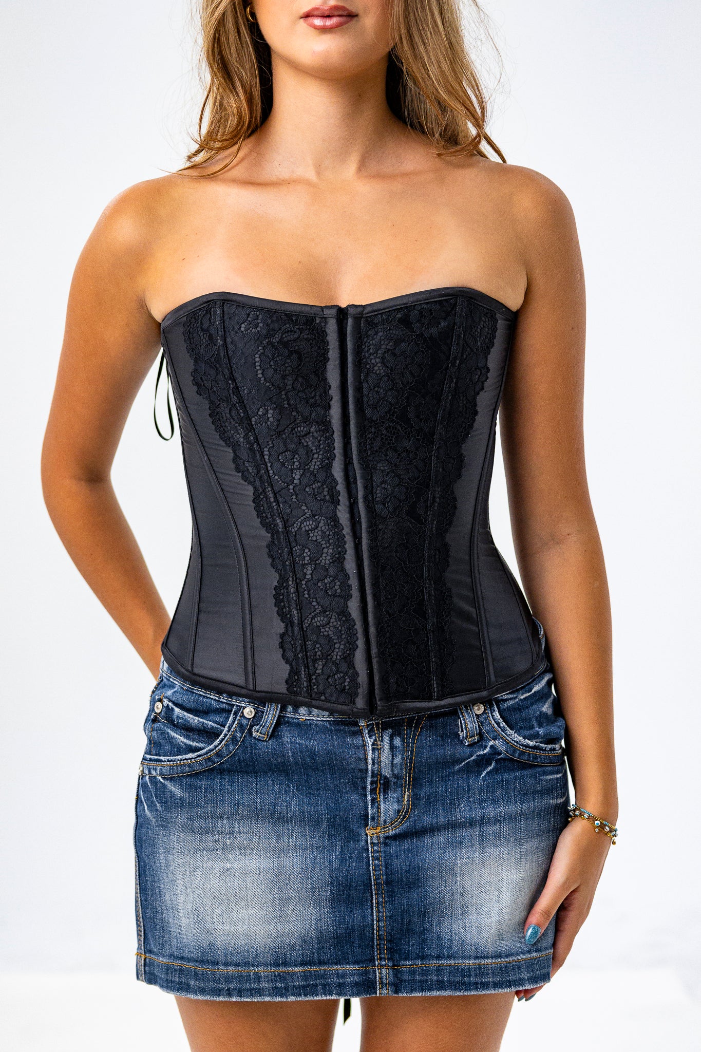 Strapless Figure Hugging Black Corset with Lace Details