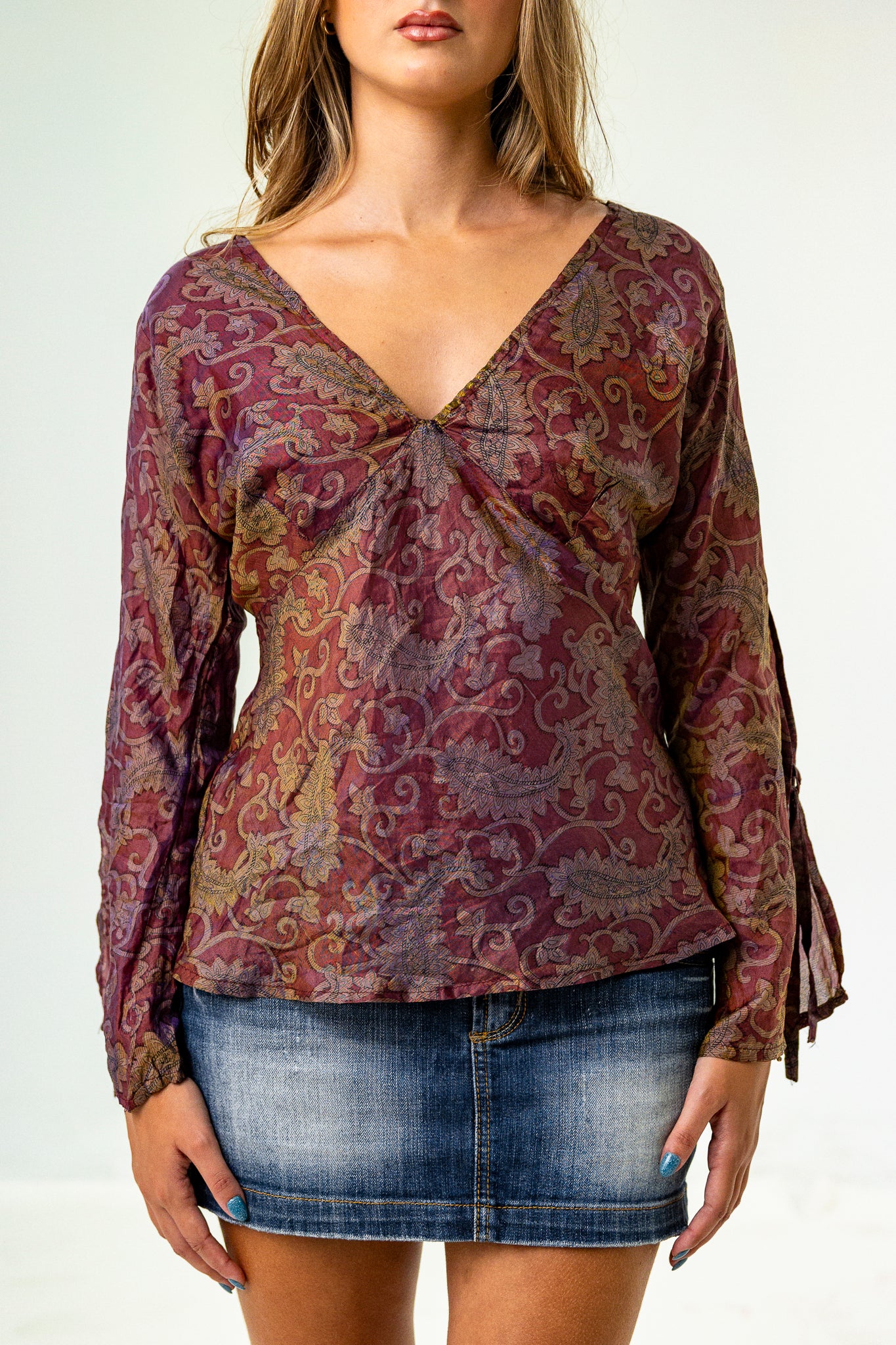 Flowy Boho Long Sleeve Top in Brown with Mandela Pattern