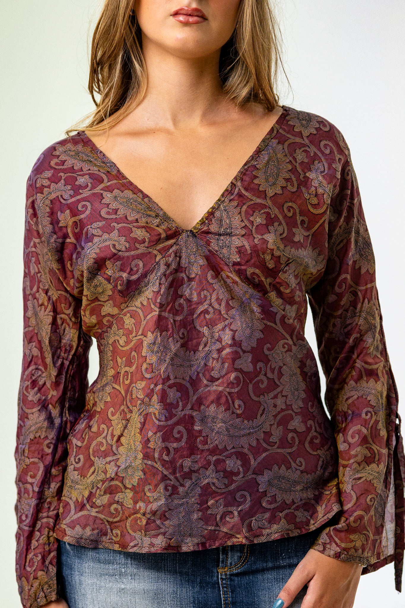 Flowy Boho Long Sleeve Top in Brown with Mandela Pattern