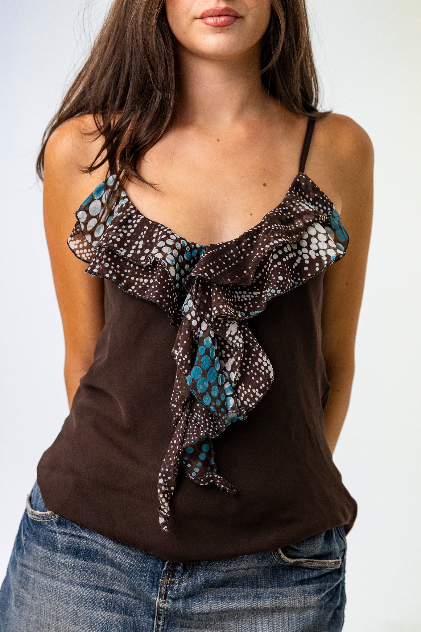 Brown Strappy Top with Blue and White Ruffle