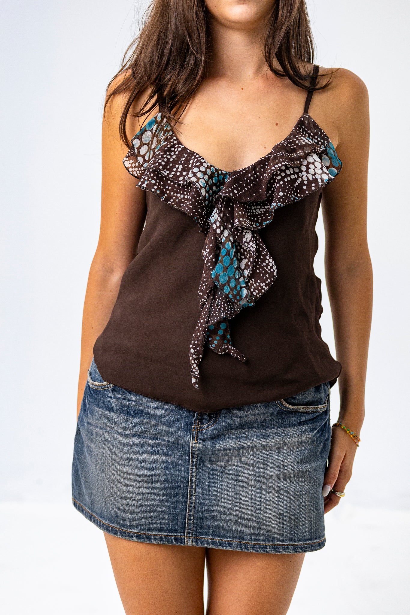 Brown Strappy Top with Blue and White Ruffle