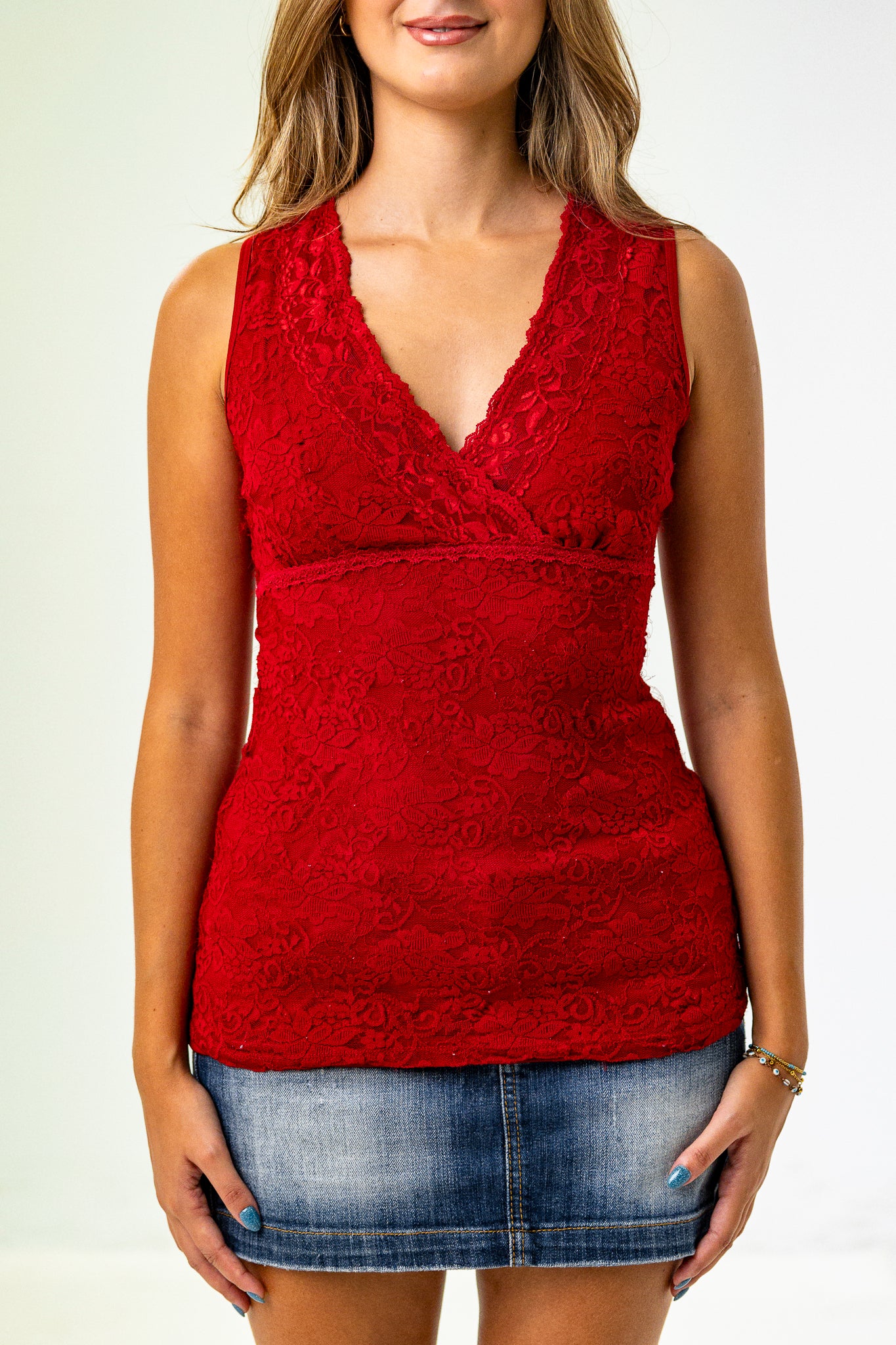 Sweet V-neck Top in Red  with Lace