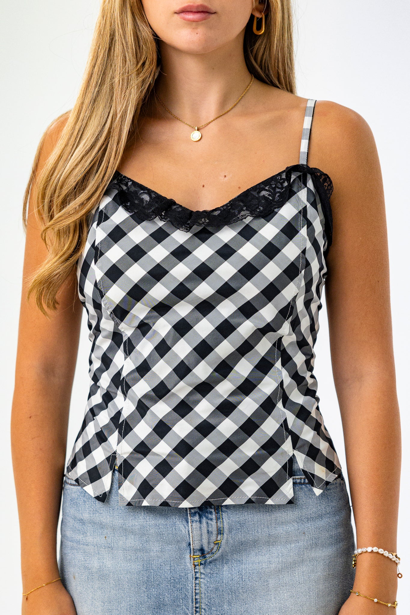 Sweet Strappy Gingham Cami Top in Black and White