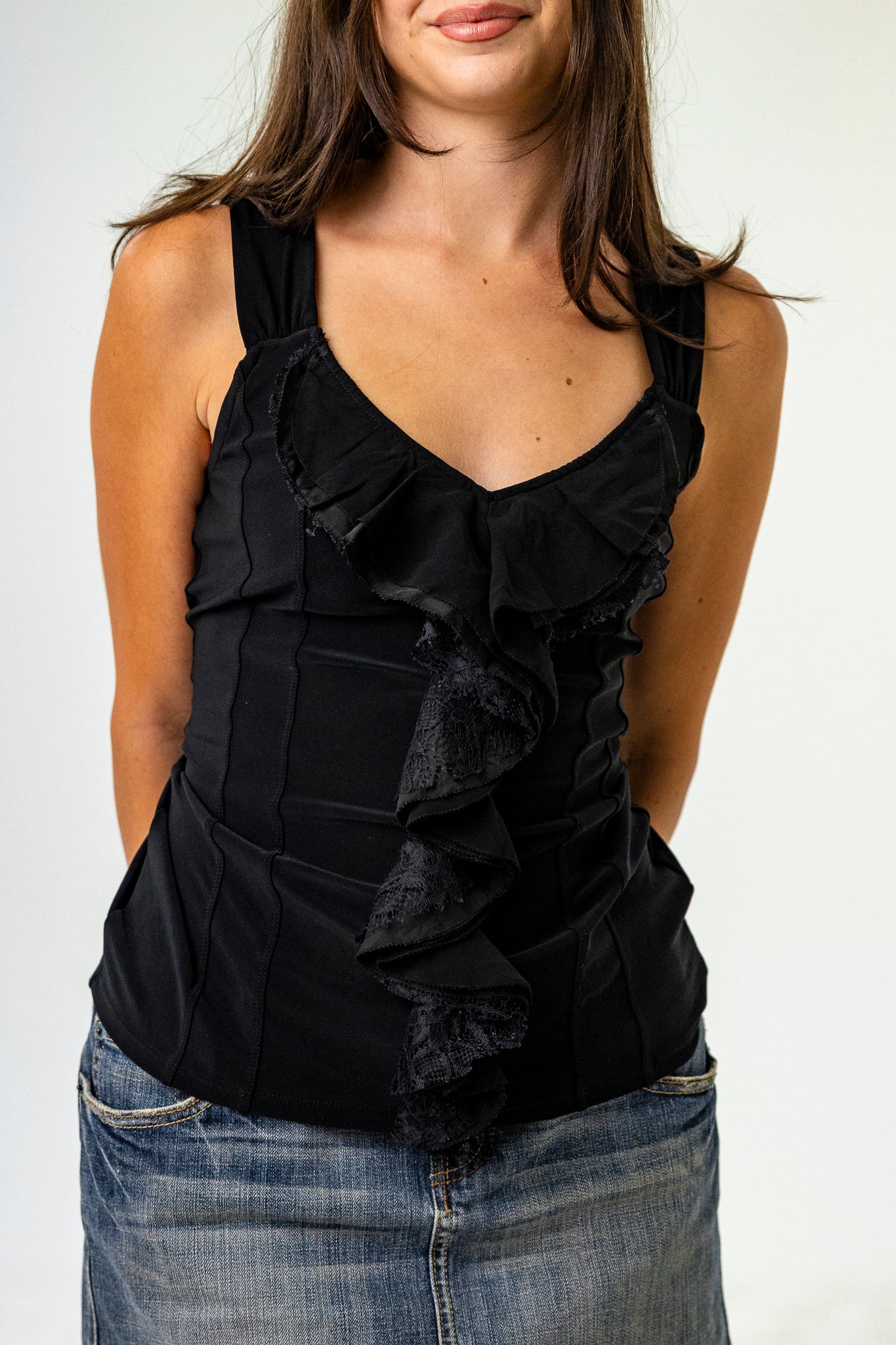 Black V-neck Top with Ruffle