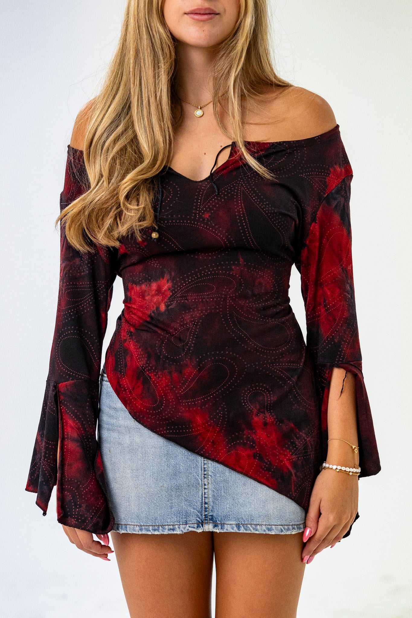 Off-the-shoulder Witchy Bell Sleeves Red and Black Top