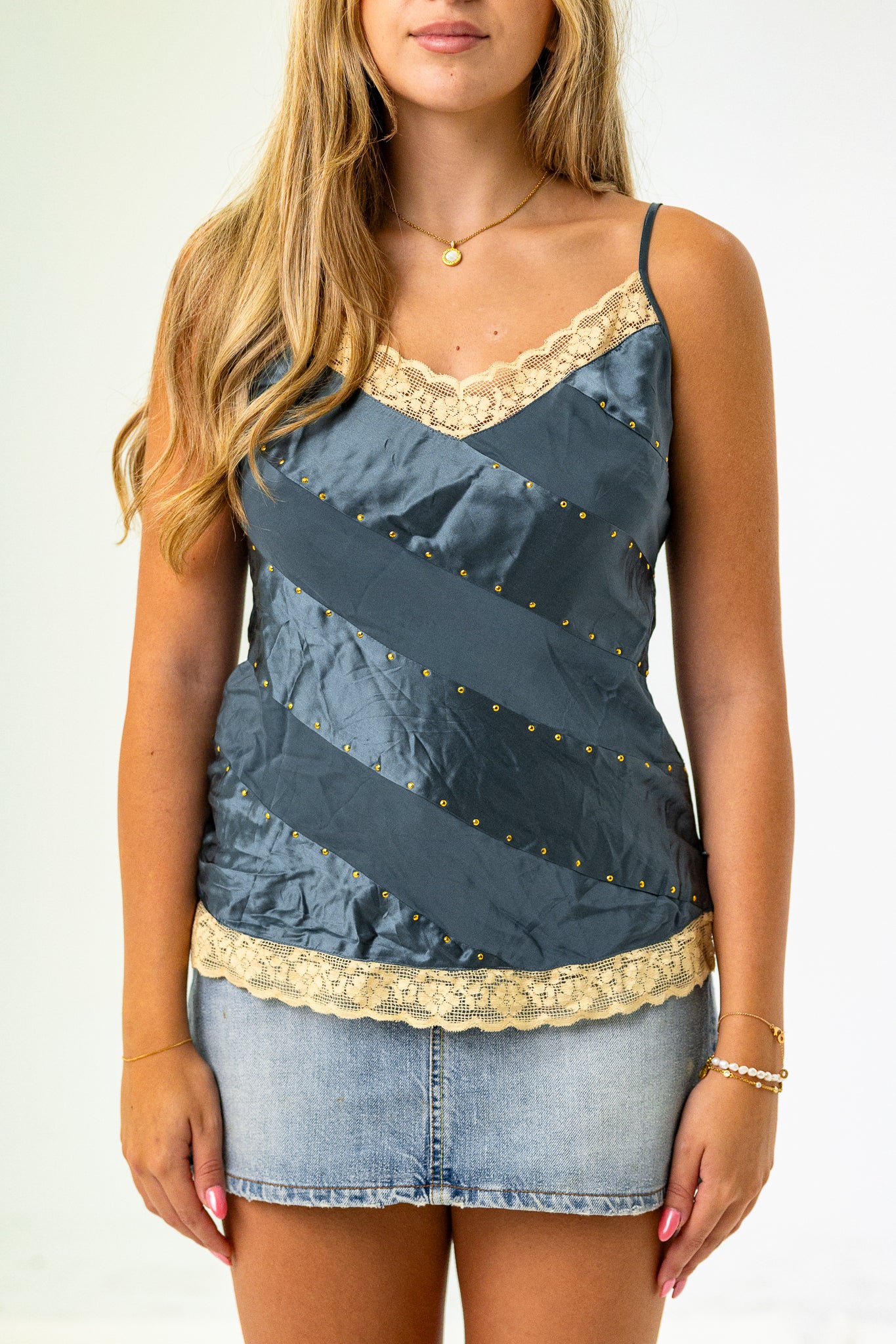 Blue Little Cami Top with Lace Hems