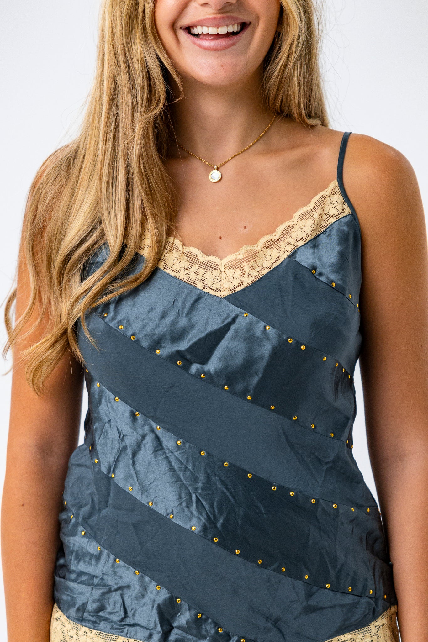 Blue Little Cami Top with Lace Hems