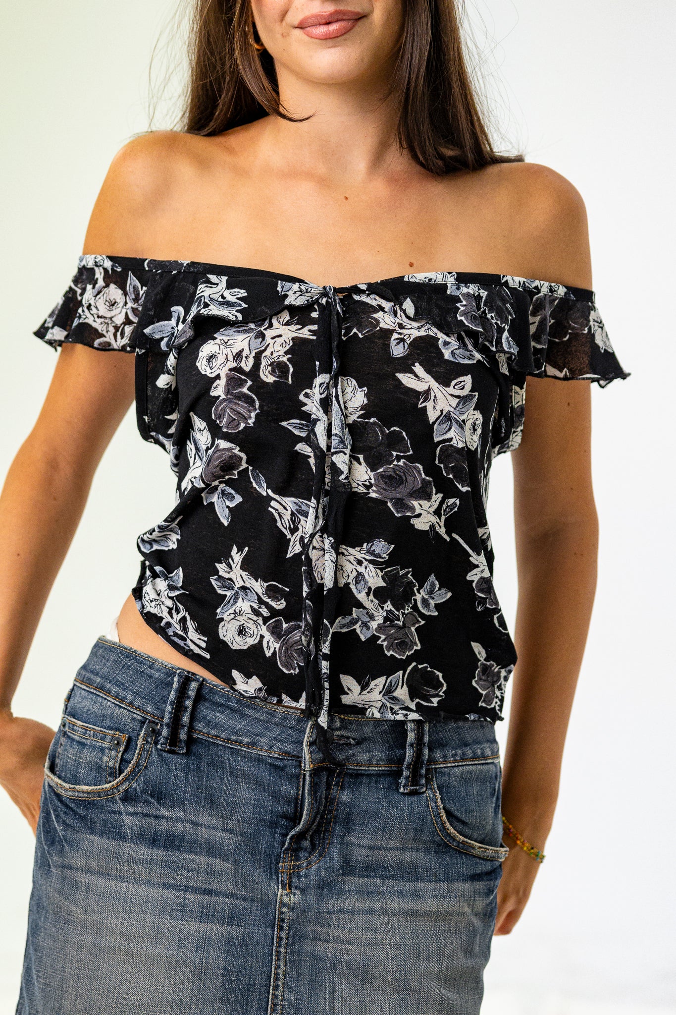 Off the Shoulder Black Top with White Florals