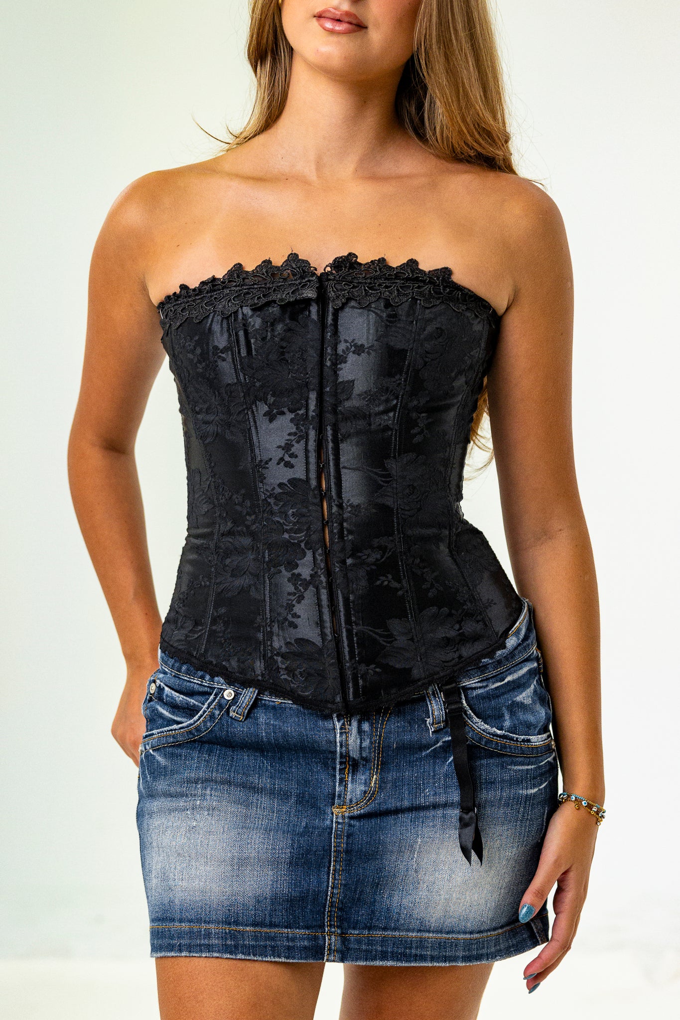 Classic Black Strapless Corset with Floral Lace Details