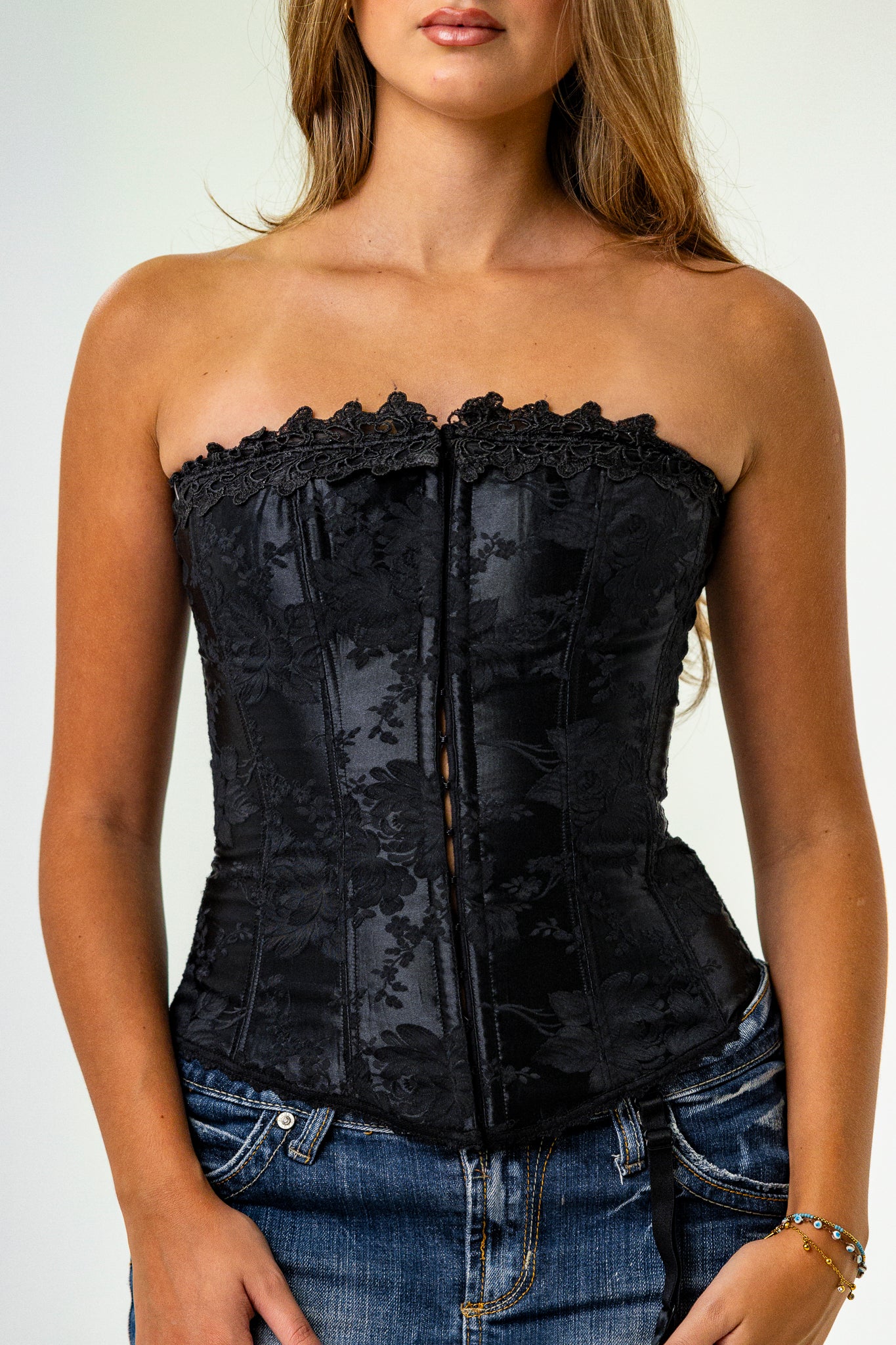 Classic Black Strapless Corset with Floral Lace Details