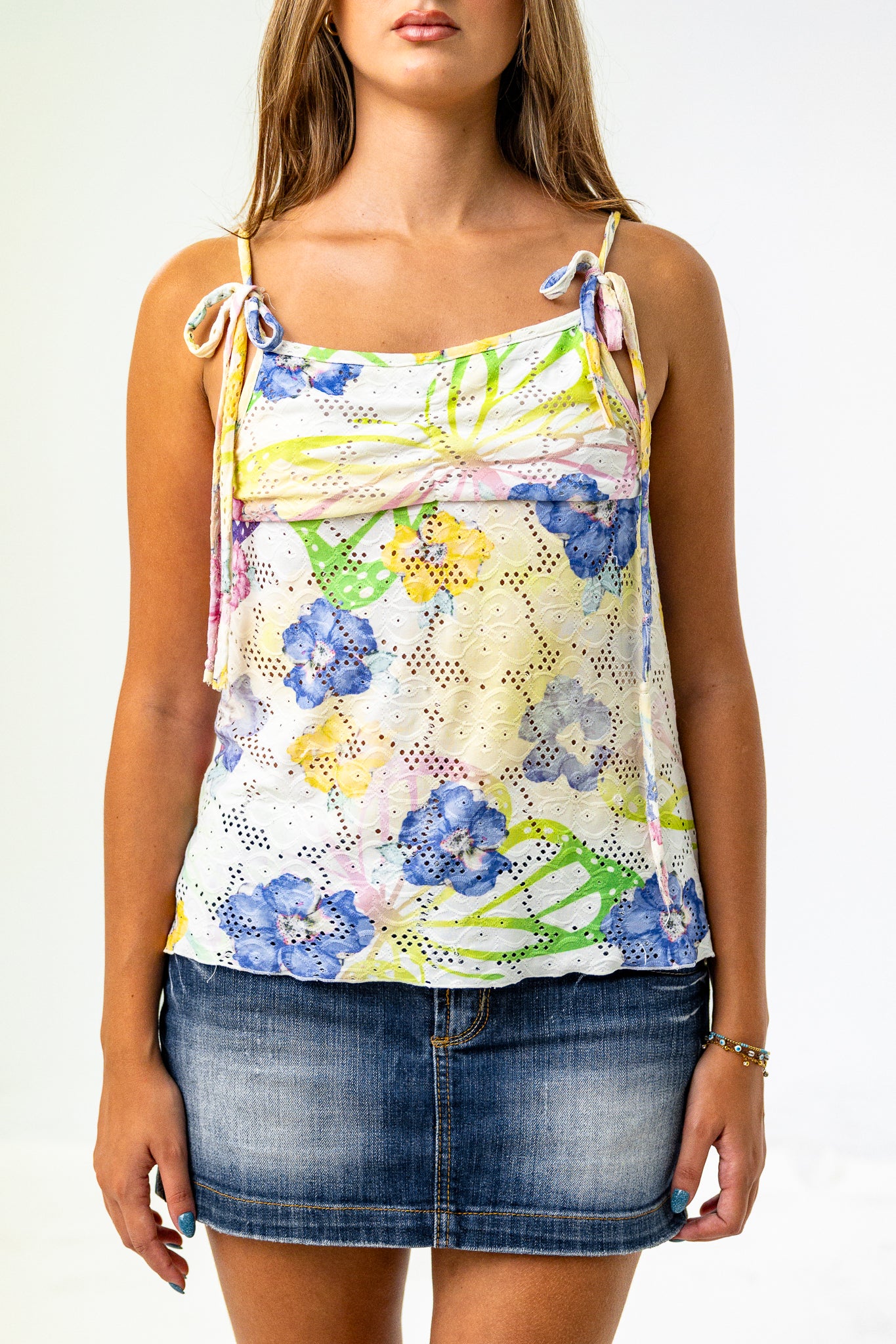 Cute Little Strappy Top in White with Bow Detailing and Colourful Floral Pattern