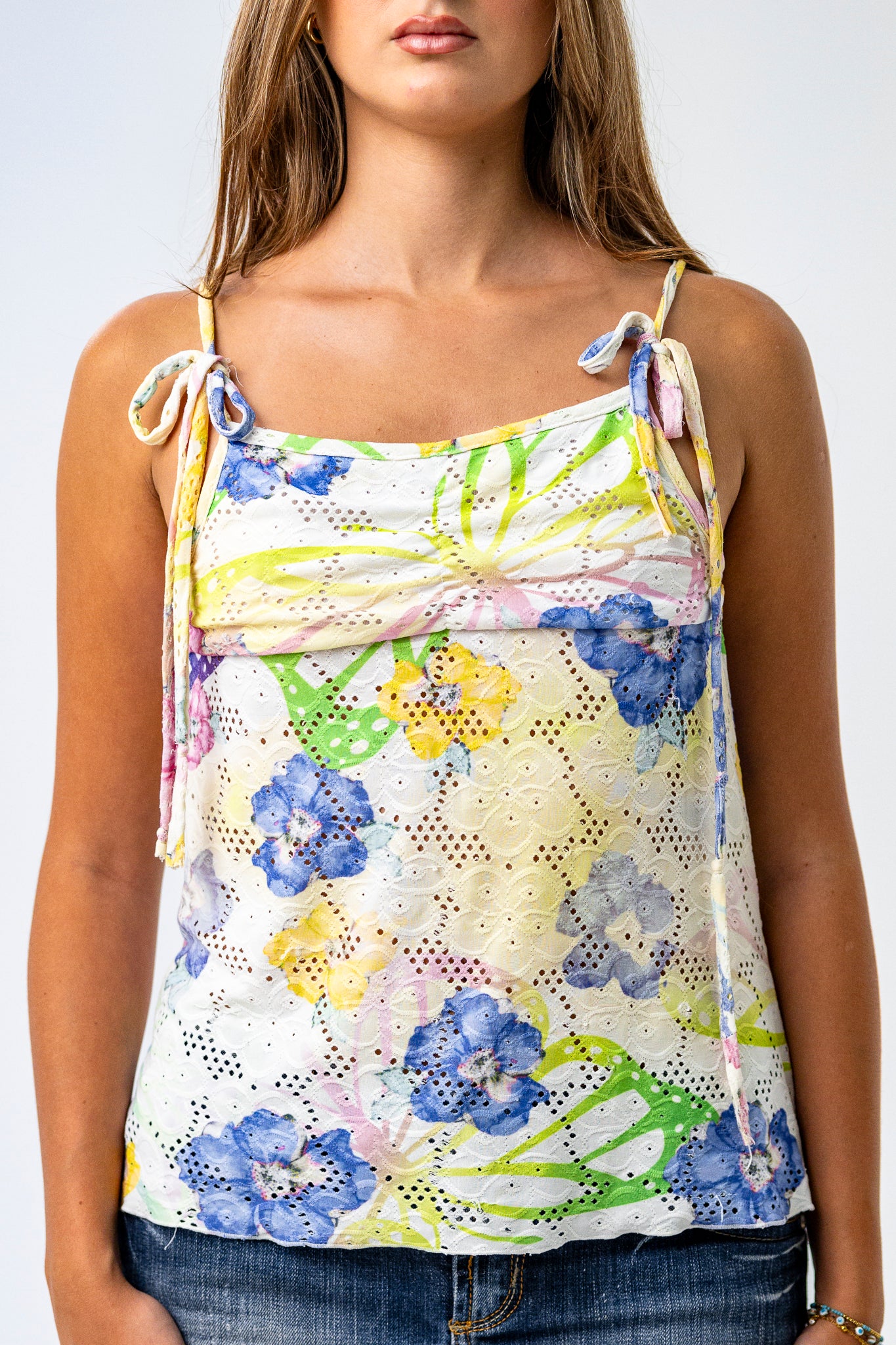 Cute Little Strappy Top in White with Bow Detailing and Colourful Floral Pattern