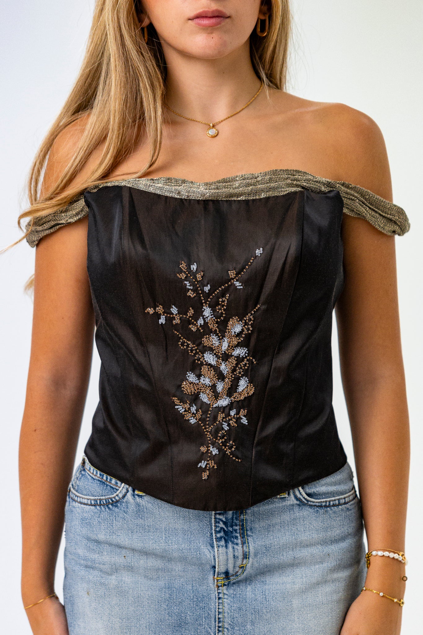 Autumnal Off the shoulder Corset with Beading in Brown