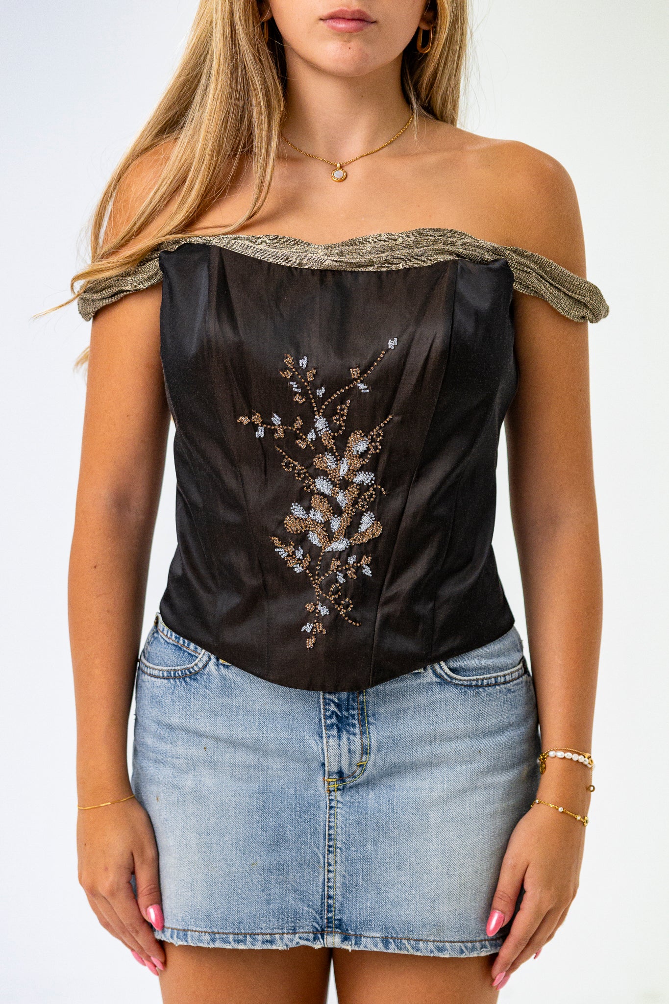 Autumnal Off the shoulder Corset with Beading in Brown