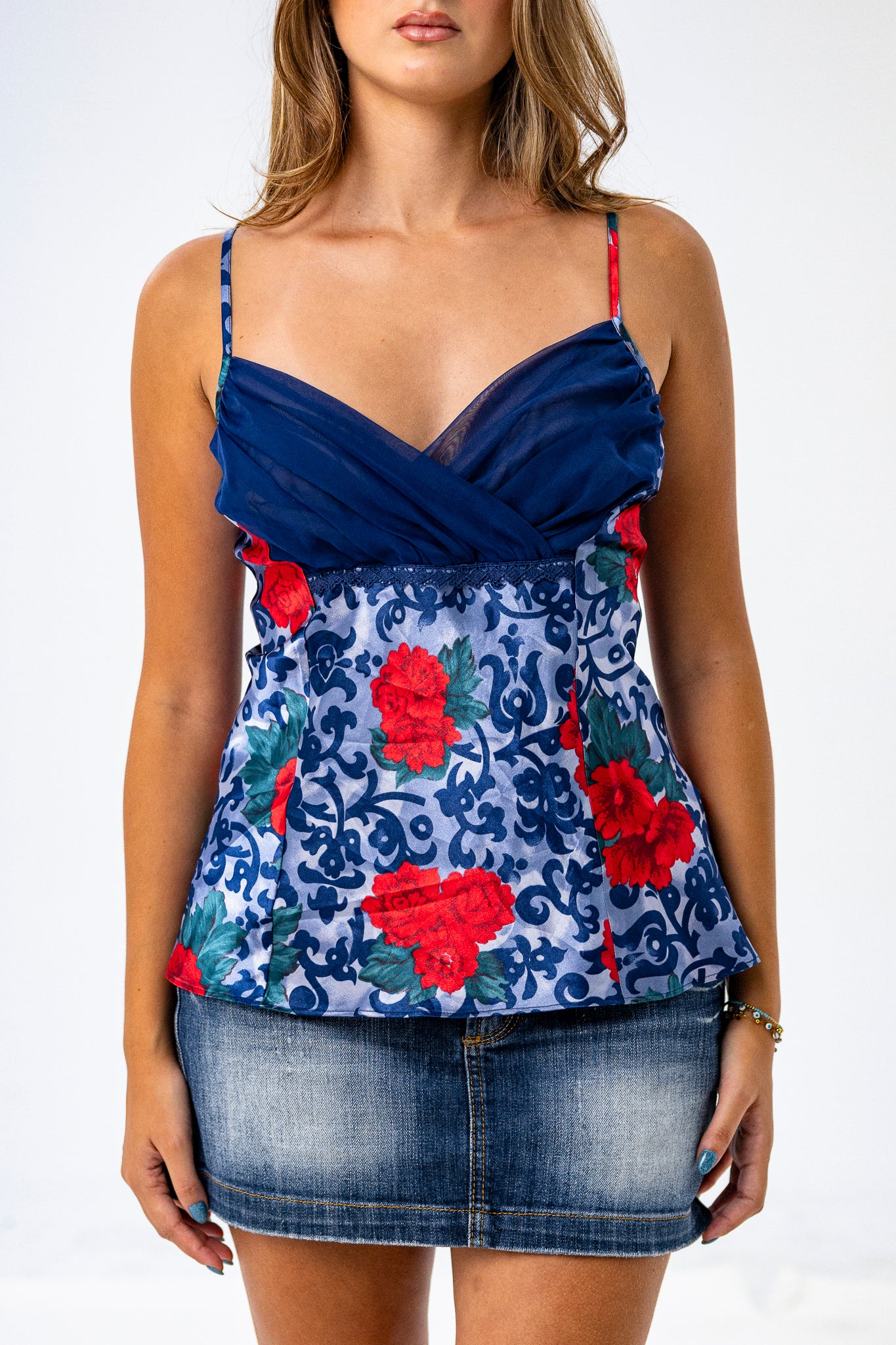 Navy Blue Strappy Top with Red Flowers and Overlapping Tool Bustier