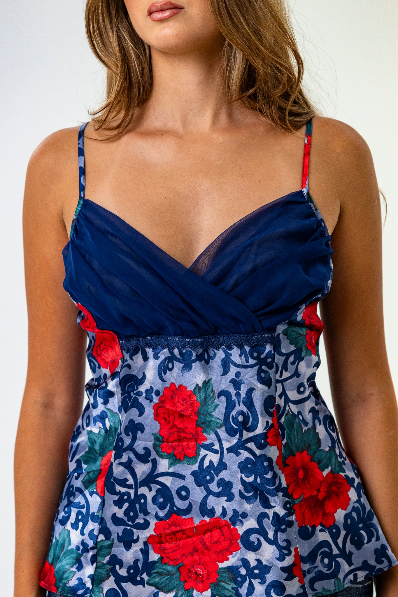 Navy Blue Strappy Top with Red Flowers and Overlapping Tool Bustier