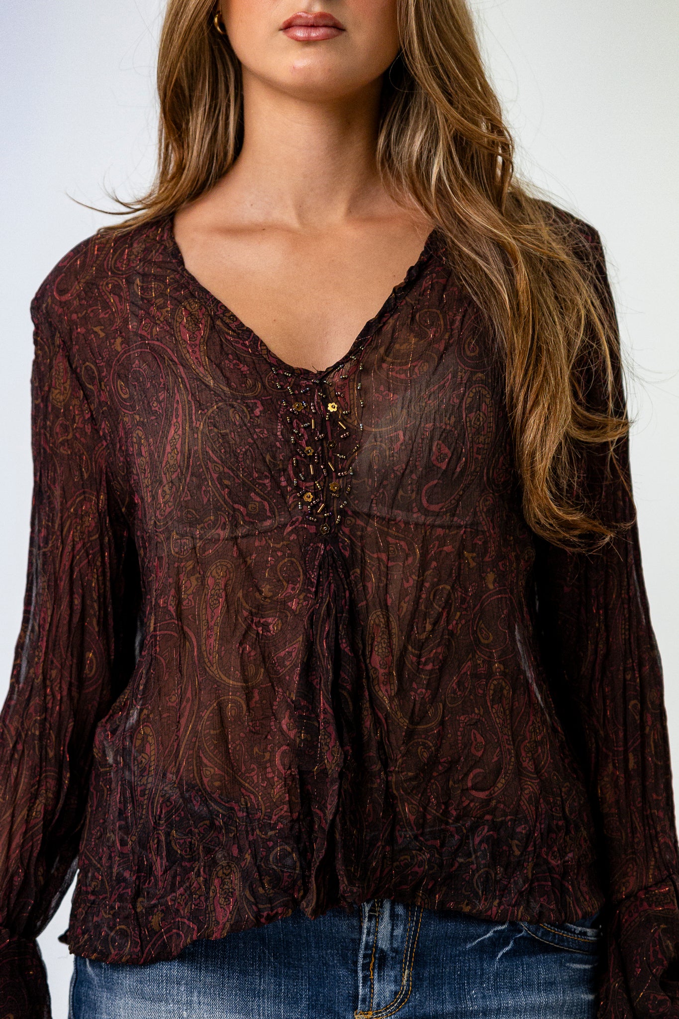 Long sleeve autumnal Sheer Brown Top with Roushed Sleeves