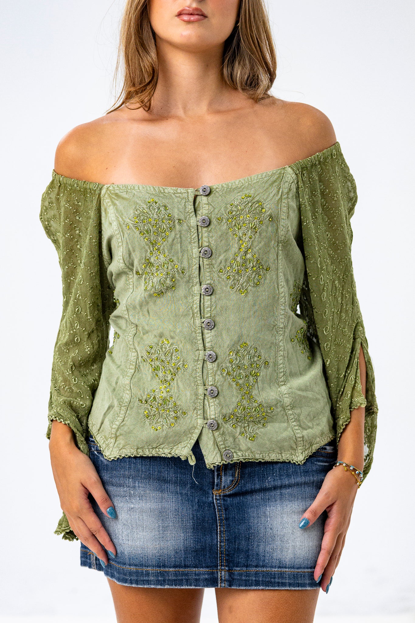 Off-the Shoulder Fairycore Green Top with Gorgeous Beaded Details