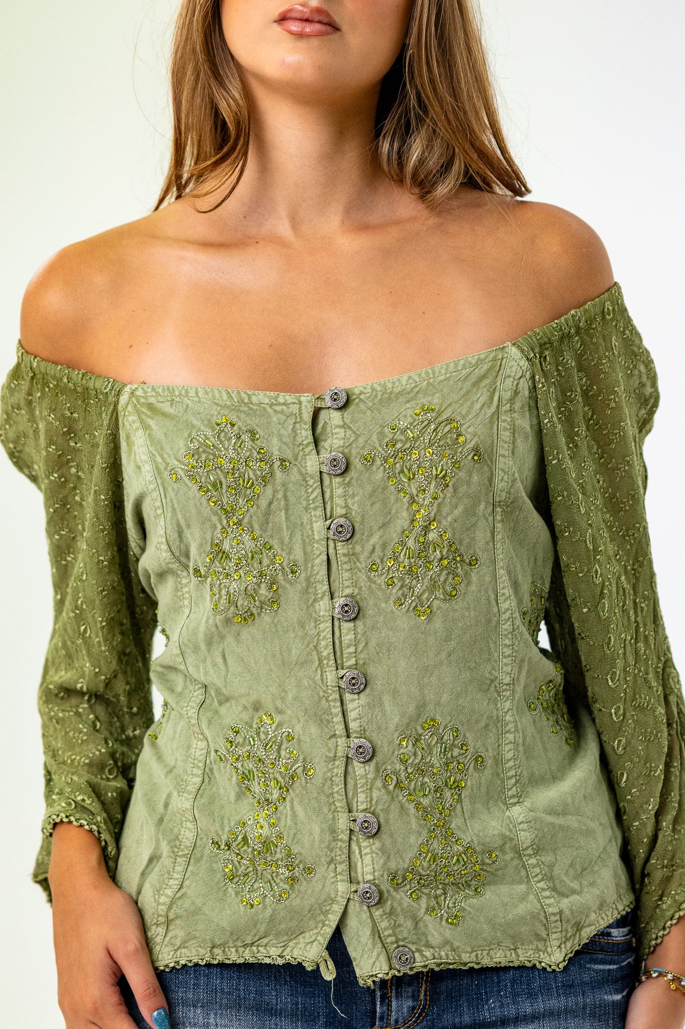 Off-the Shoulder Fairycore Green Top with Gorgeous Beaded Details