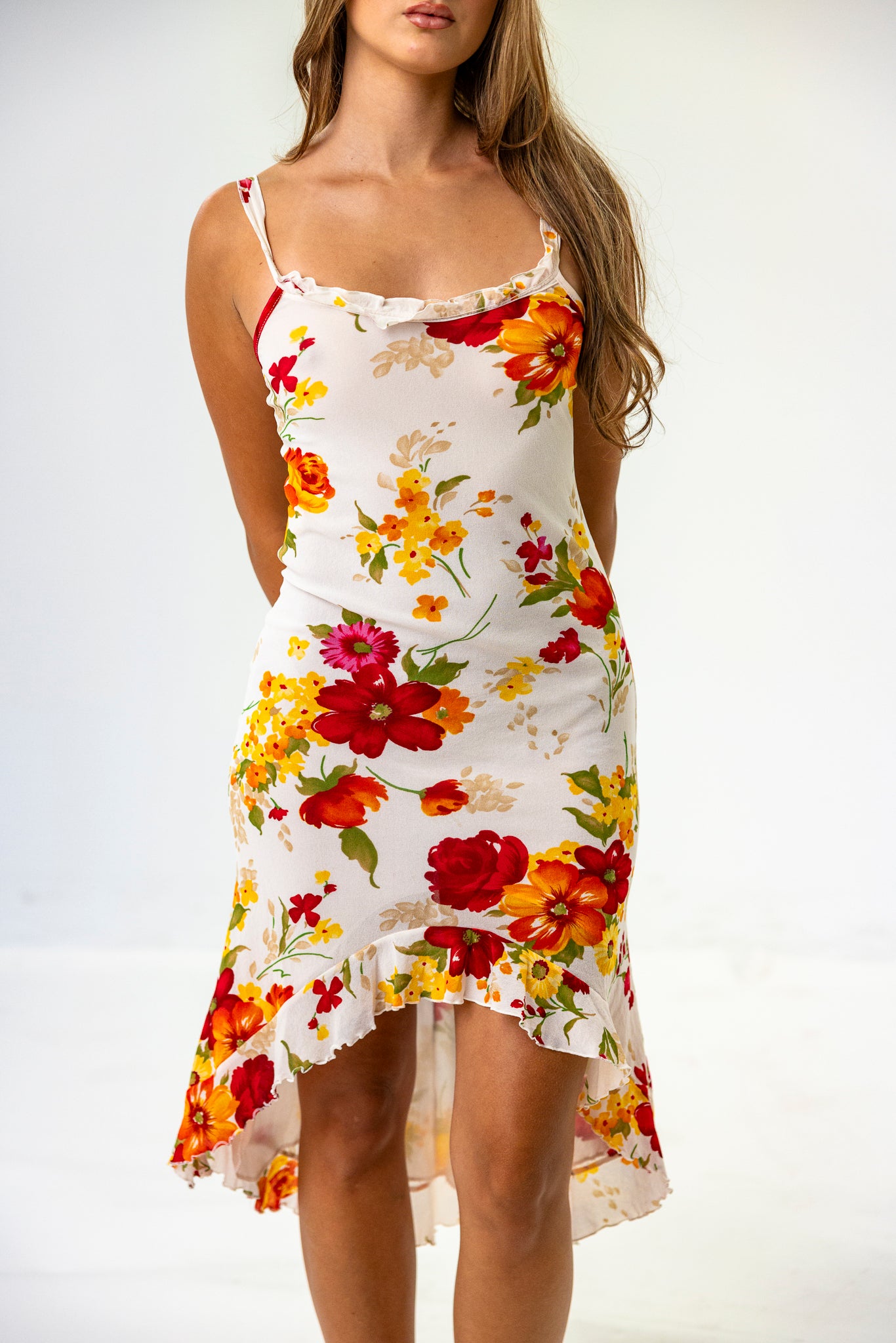 Asymmetric Floral Midi-Dress in White and Autumnal Colour